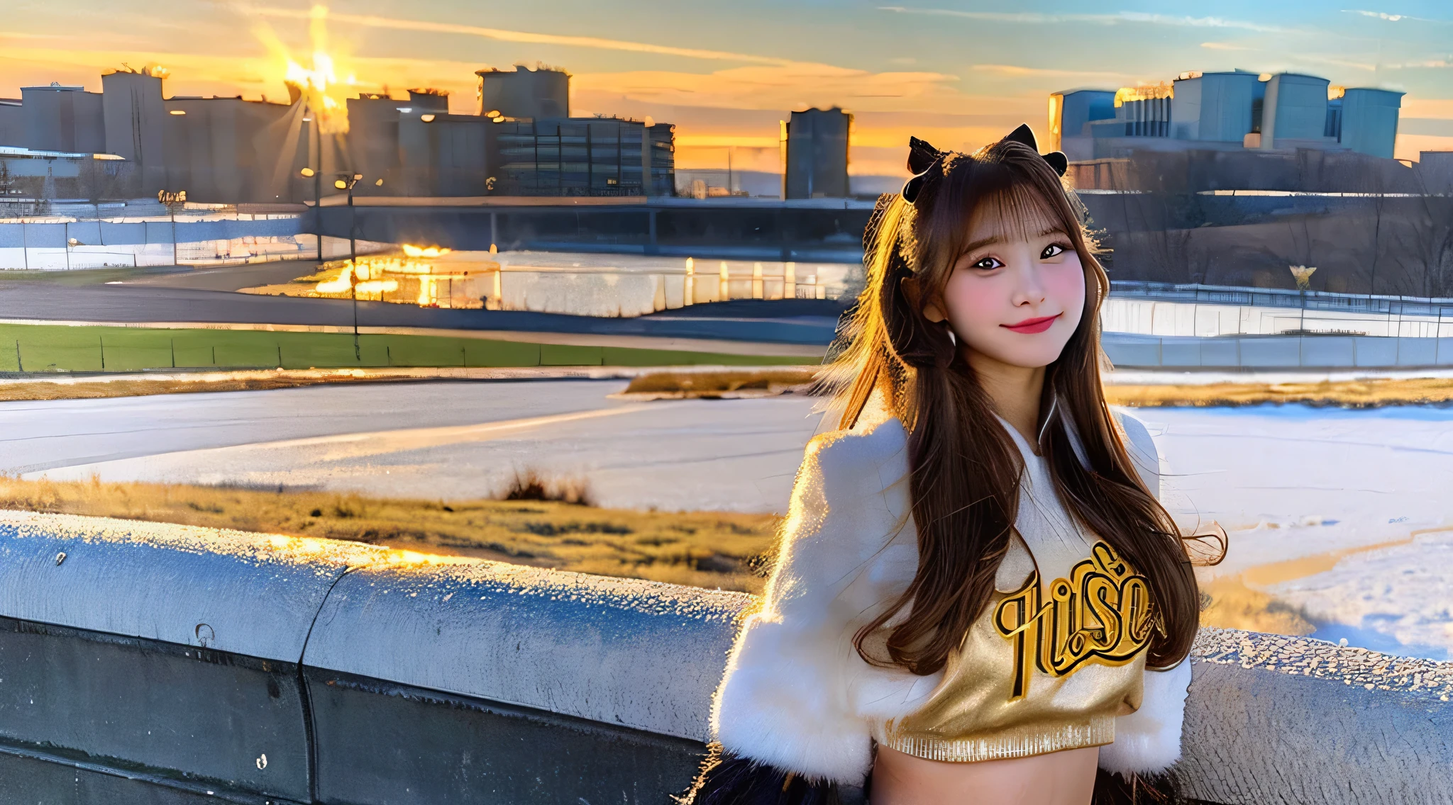 Cute cheerleader 18 years old wearing a golden miniskirt、Snowy landscape in the background