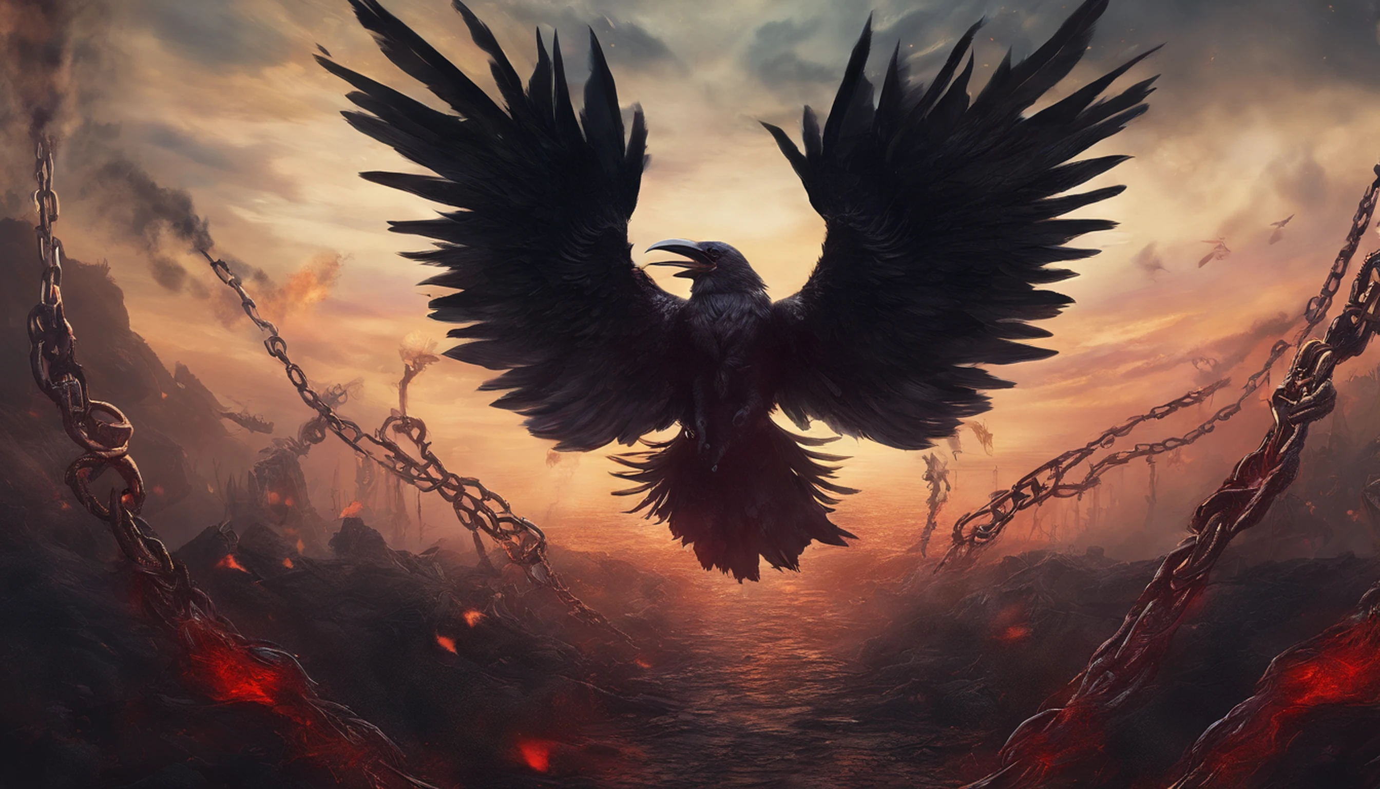 A crow is sitting on a large skull suspended from chains., photorealistic dark concept art, apocalyptic art, highly realistic concept art, detailed 4k horror artwork, 4Kighly detailedなデジタルアート, 4k concept art and hyperrealism, stylized fantasy artwork, Spooky nostalgic concept art, Surreal concept art, Blood gushes out、look up sky, World of Death, Reminiscent of death, the chaos、red fluid、Ash is fluttering、Floating debris、Giant float、World of Death、Grave marker of the cross、(Photo Real:1.4)、taken with canon 5d mk4, taken with canon eos 5 d mark iv, Shot with Canon EOA 6 D Mark II, ighly detailedな顔と肌の質感、 Detailed eyes、二重まぶた、ighly detailed, finely detail, ​masterpiece, top-quality, ultra-detailliert、Dust、the wind