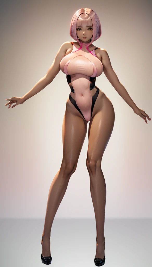 pink hair, (short bangs hair:1.36), yellow eyes, wide hips, narrow waist, depth of field, 1girl, (on a background:1.3), (full body:1.4), pose, big breasts, wide hips, athletic figure, ((thigh cutout:1.3):1.2), (((dark skin))), sedused pose,