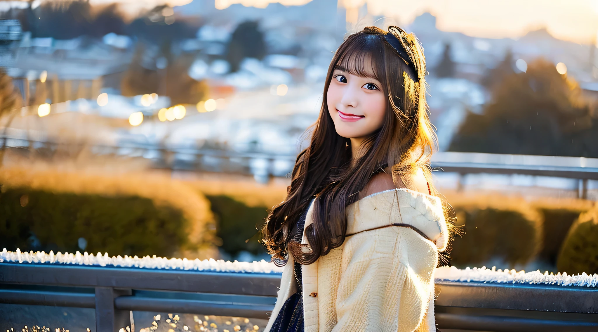 Cute high school girl, 18 years old, wearing a golden miniskirt、Snowy landscape in the background