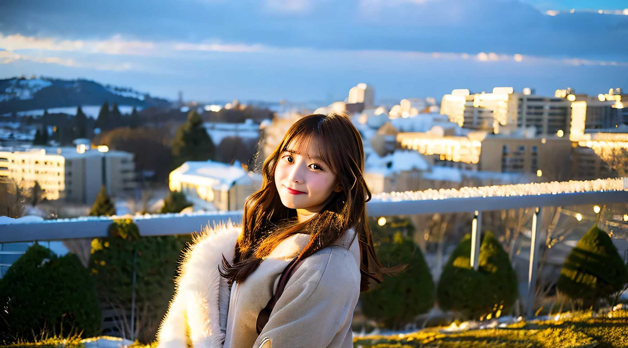 Cute College Girl, 18 years old, wearing a golden miniskirt、Snowy landscape in the background