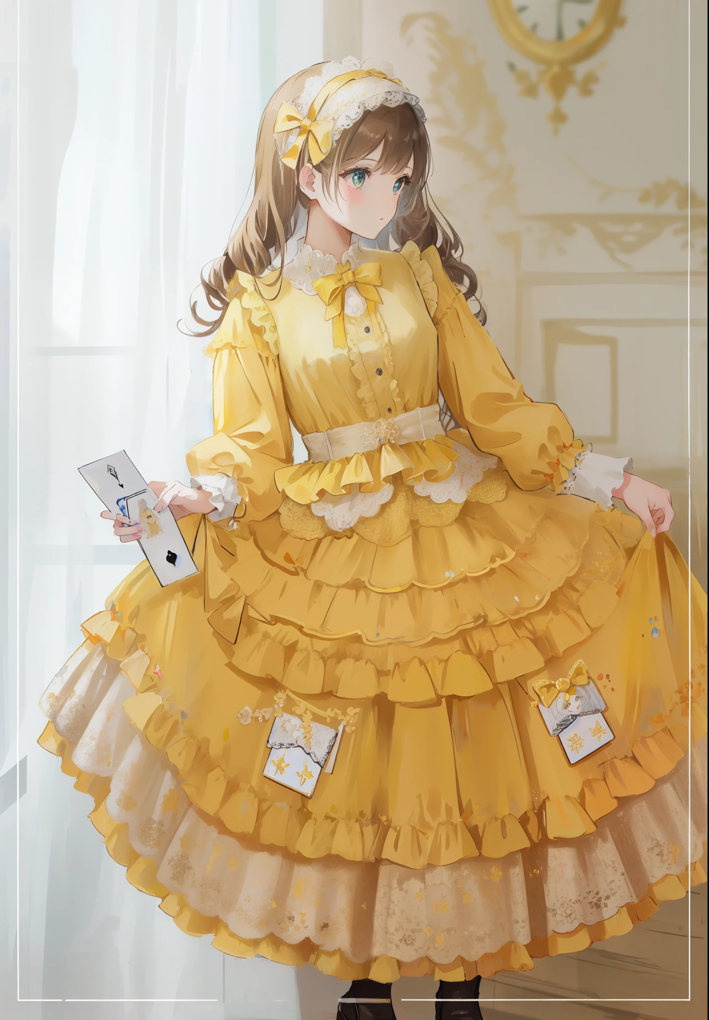 (painting:1.3), (blurry:1.3), (blurry drawing:1.3), a close up of a girl in a yellow dress holding a card, lolita style, lolita fashion, lolita, rococo ruffles dress, rococo dress, victorian gothic lolita fashion, fairycore, portrait of magical lolita girl, angelic pretty, yellow clothes, wearing wheat yellow gauze, loli, yellow ornate dress, dress in the style of rococo, dreamy style