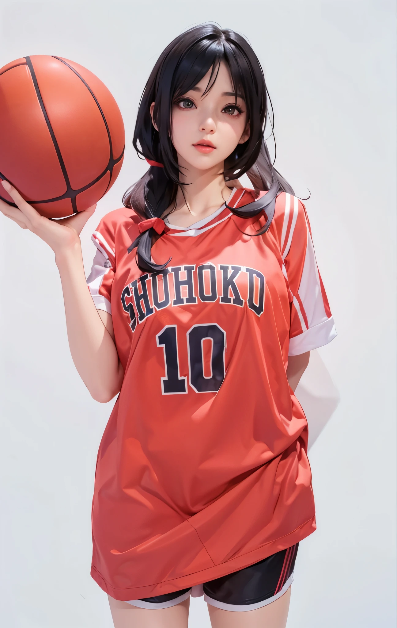 anime girl in a red uniform holding a basketball ball, wearing basketball jersey, ilya kuvshinov. 4 k, guweiz, realistic anime 3 d style, kuvshinov ilya, ilya kuvshinov style, wearing nba jersey, makoto kano, hinata hyuga, kuvshinov, wearing a volleyball jersey, sui ishida