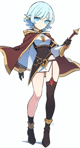 (((Best Quality))) , ((full body)), female, reference sheet, solo, (white background), holding staff, gloves, loin cloth , fundoshi skirt,