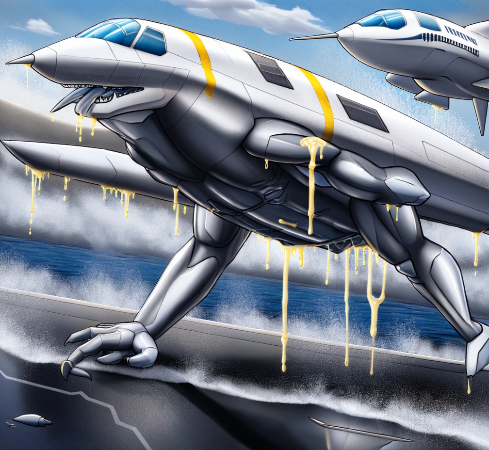 photorealistic HD digital painting of a man emerging from a liquid metal nanomachine reservoir outside an alien shipyard, liquid metal nanites coat his body as he transforms into a draconic blue gold spaceship battleship with white accents, human starship battleship hybridization