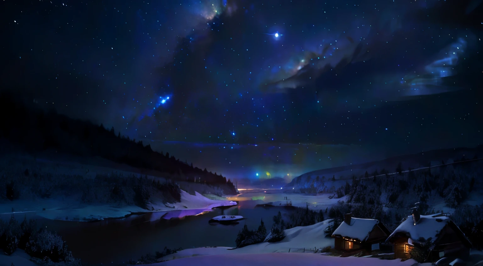 In a small village nestled at the edge of a mystical forest. Dark Night. full of star