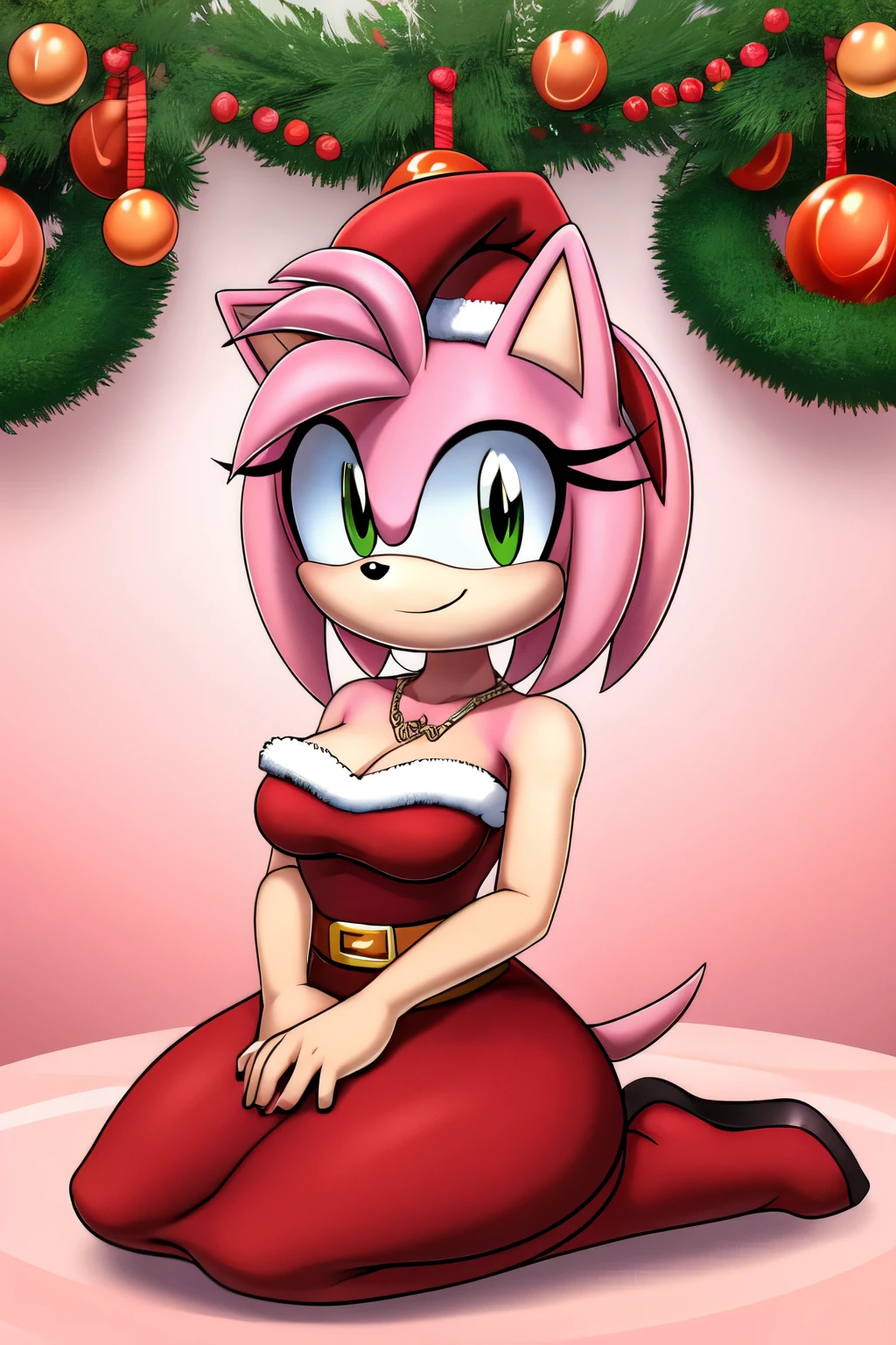 Amy Rose, Masterpiece, best quality , short hair, green eyes, short red bodycon dress, red dress, strapless, sleeveless, red santa dress, smile, sitting pose, cleavage, necklace, elegant Christmas party background, mansion, llchar