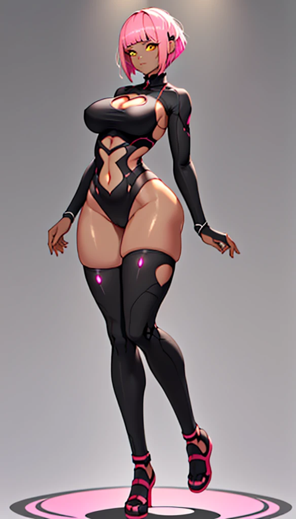 pink hair, (short bangs hair:1.36), yellow eyes, wide hips, narrow waist, depth of field, 1girl, (on a background:1.3), (full body:1.4), pose, big breasts, wide hips, athletic figure, ((thigh cutout:1.3):1.2), (((dark skin))), sedused pose,