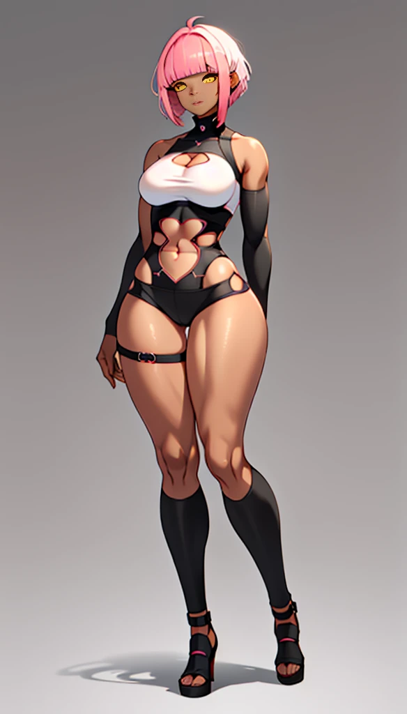 pink hair, (short bangs hair:1.36), yellow eyes, wide hips, narrow waist, depth of field, 1girl, (on a   background:1.3), (full body:1.4), pose, big breasts, wide hips, athletic figure, ((thigh cutout:1.3):1.2), (((dark skin))), sedused pose,