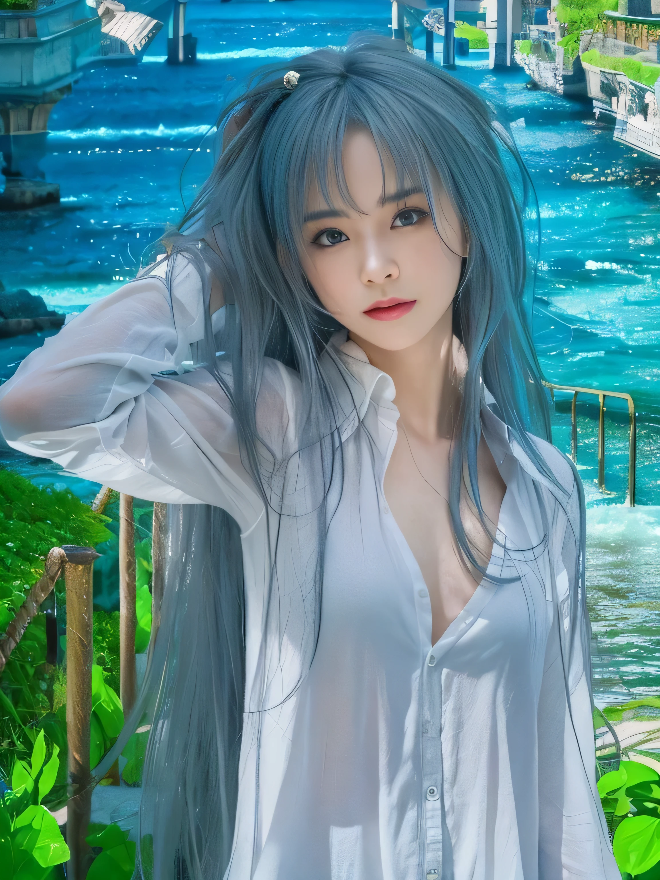 Realistic,masterpiece, best quality, (realistic,photo-realistic:1.4), (RAW photo:1.2),extremely detailed CG unity 8k wallpaper, delicate and beautiful, amazing,finely detail, official art, absurdres, incredibly absurdres, huge filesize, ultra-detailed,extremely detailed eyes and face, light on face,little smile,(blue hair:1.5),brown eyes,beach,white shirt