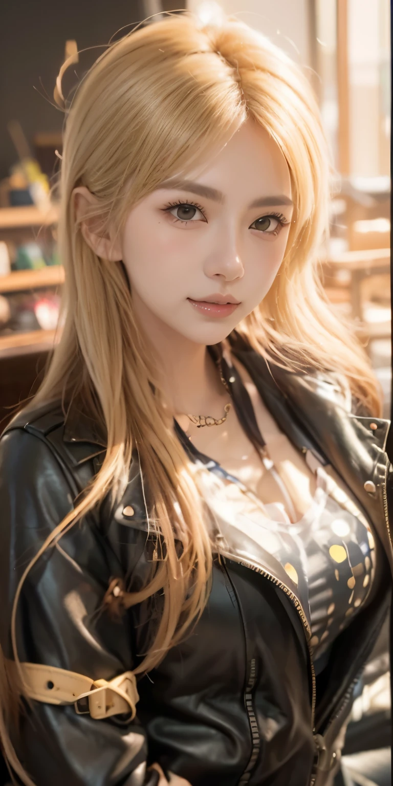 Blonde with long hair and leather jacket, Guviz-style artwork, detailed digital anime art, Blonde long-haired anime girl, Anime girls, author：Anime painter studio, guweiz on artstation pixiv, smooth anime cg art, Very detailed ArtGerm, guweiz on pixiv artstation