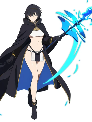 (((Best Quality))) , ((full body)), female, reference sheet, solo, (white background), holding staff, gloves, loin cloth , cloak, priest,