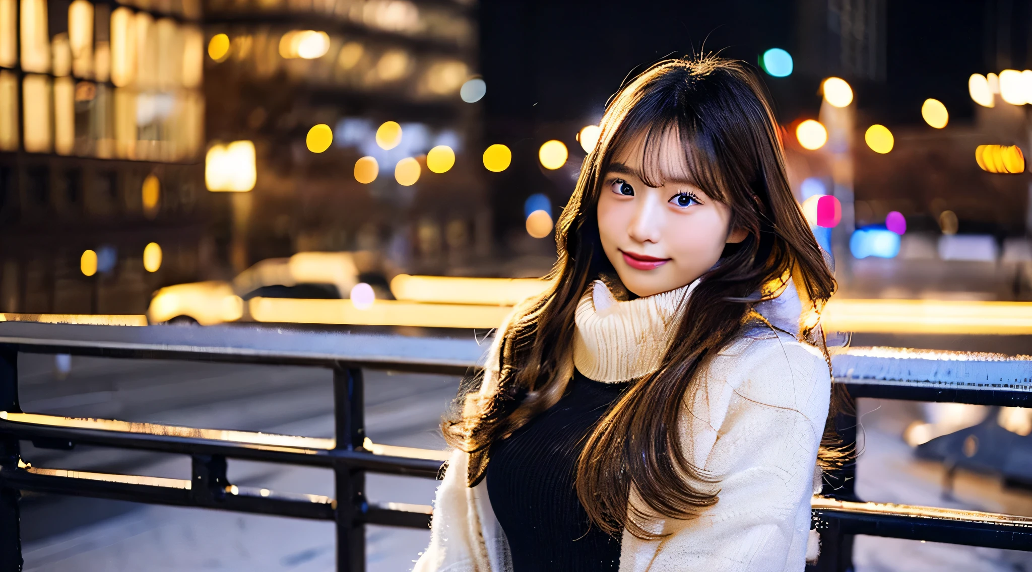 18 year old office lady wearing a golden miniskirt、The background is a snowy city