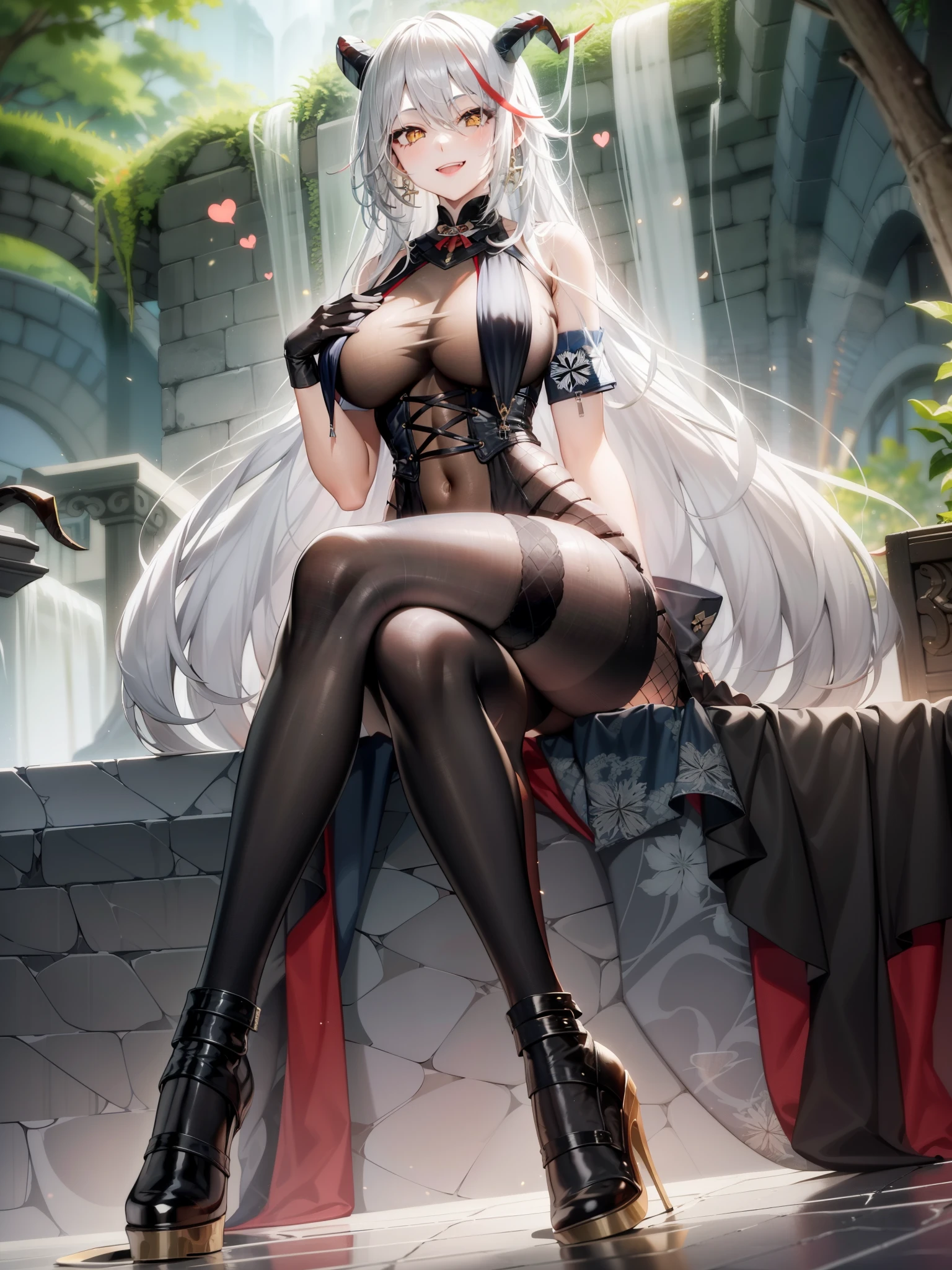 1 girl,White hair,energetic smile,The face is red, with her mouth open,bshoulder,Black gloves,Sitting on the steps,Two legs,legs focus,blackstockings,black heels,wetclothes,Steaming,heart - shaped pupils,cross leg soles，Clear toes