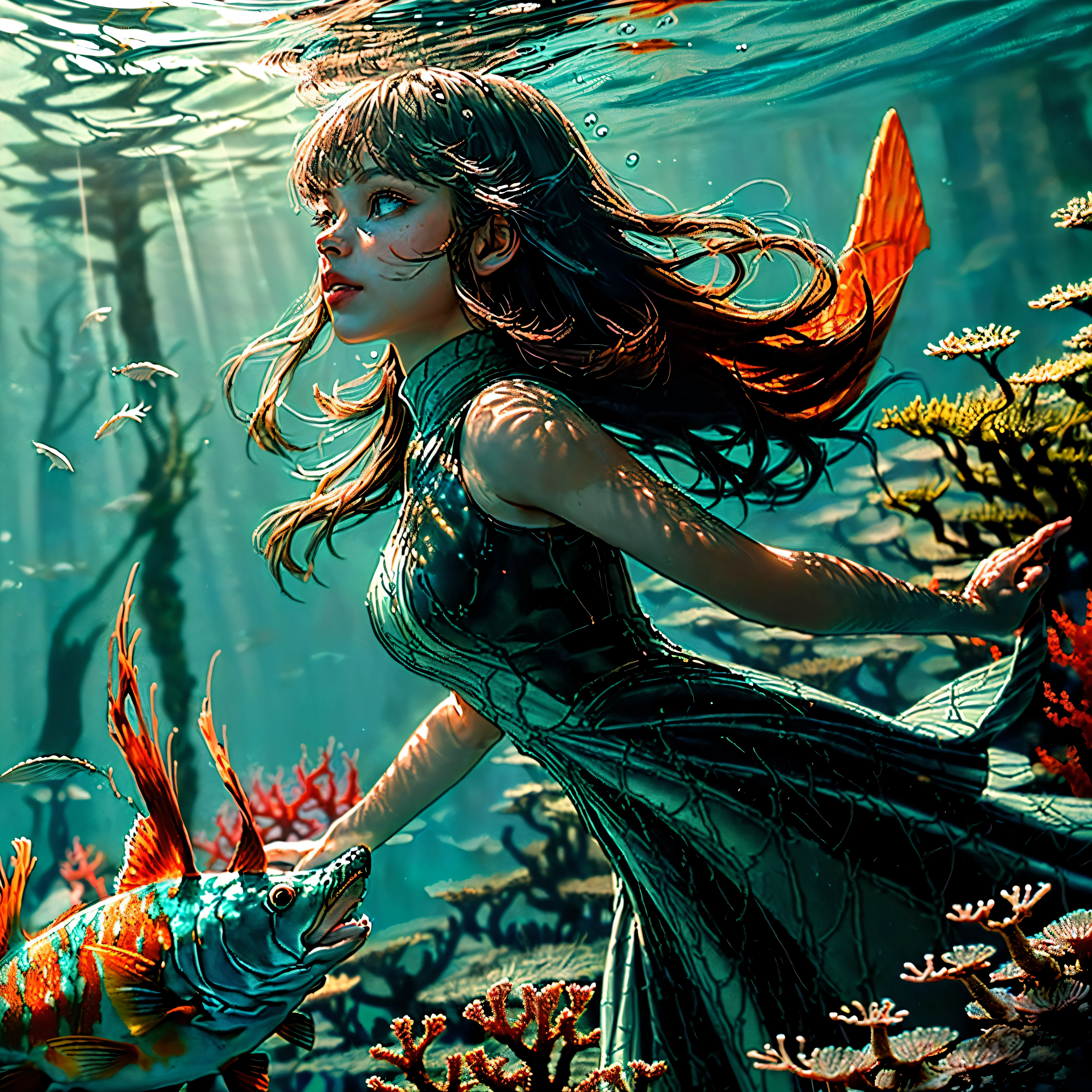 (((masterpiece))),(((best quality))),((ultra-detailed)),((underwater)),(illustration),(beautiful detailed water),((coral)),open tuck,((extremely delicate and beautiful girls)),dynamic angle,floating,(beautiful detailed eyes),(detailed light),(loli),floating hair,glowing eyes,(splash),underwater),((fishelack hair,green right eye,iceblue left eye,very long white dress,feather,nature,(sunlight),(underwater forest),(painting),(bloom),(detailed glow),(drenched),seaweed,fish,(((Tyndall effect))),face to face --s 1000 --c 20 --q 20