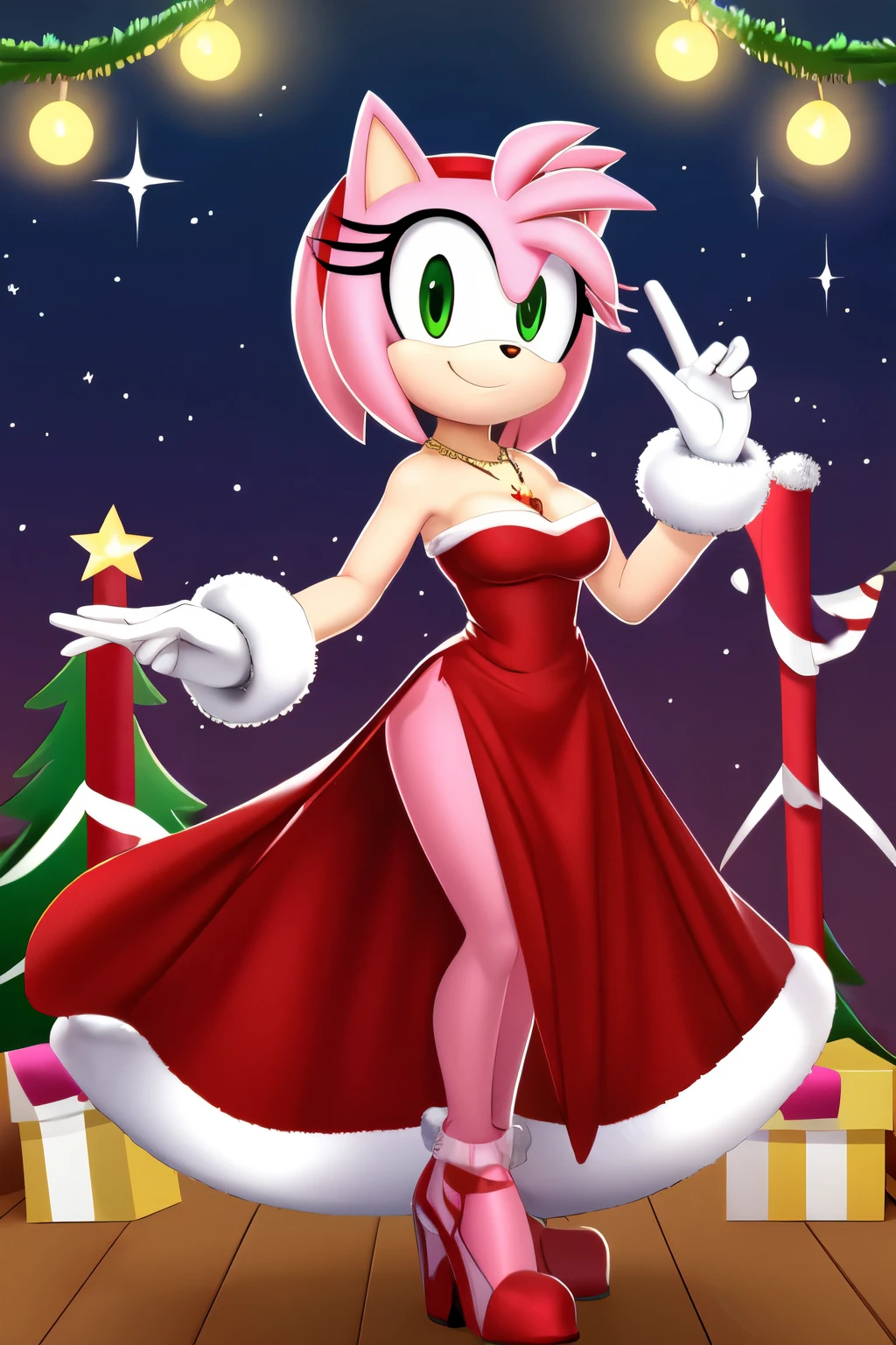 Amy Rose, Masterpiece, best quality , short hair, green eyes, short red bodycon dress, red dress, strapless, sleeveless, red santa dress, smile, standing pose, cleavage, necklace, elegant Christmas party background, mansion, llchar