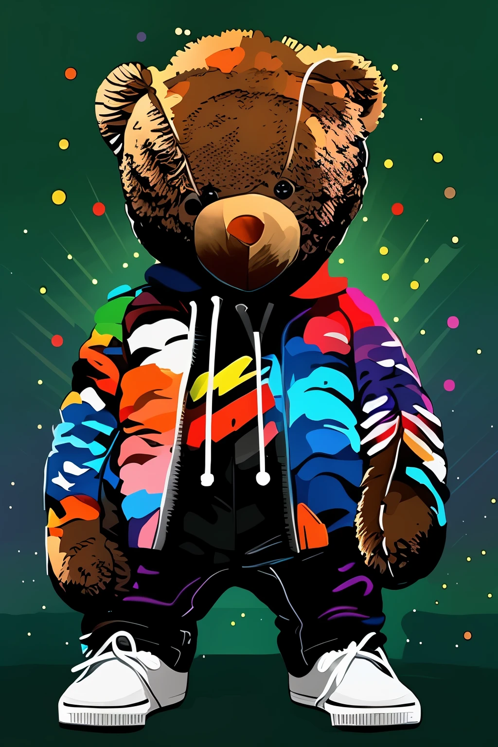 Drawing of teddy bear wearing colorful jacket and sneakers, teddy fresh, wasteland, wasteland, Official artwork, Inspired by Ron English, toys, art in the style of joshy sly, artstyleunknown, full of graffiti art, hip hop inspiration, User phototure, extremely high quality artwork, high quality artwork, Graffiti inspiration, bellbrick, User photo