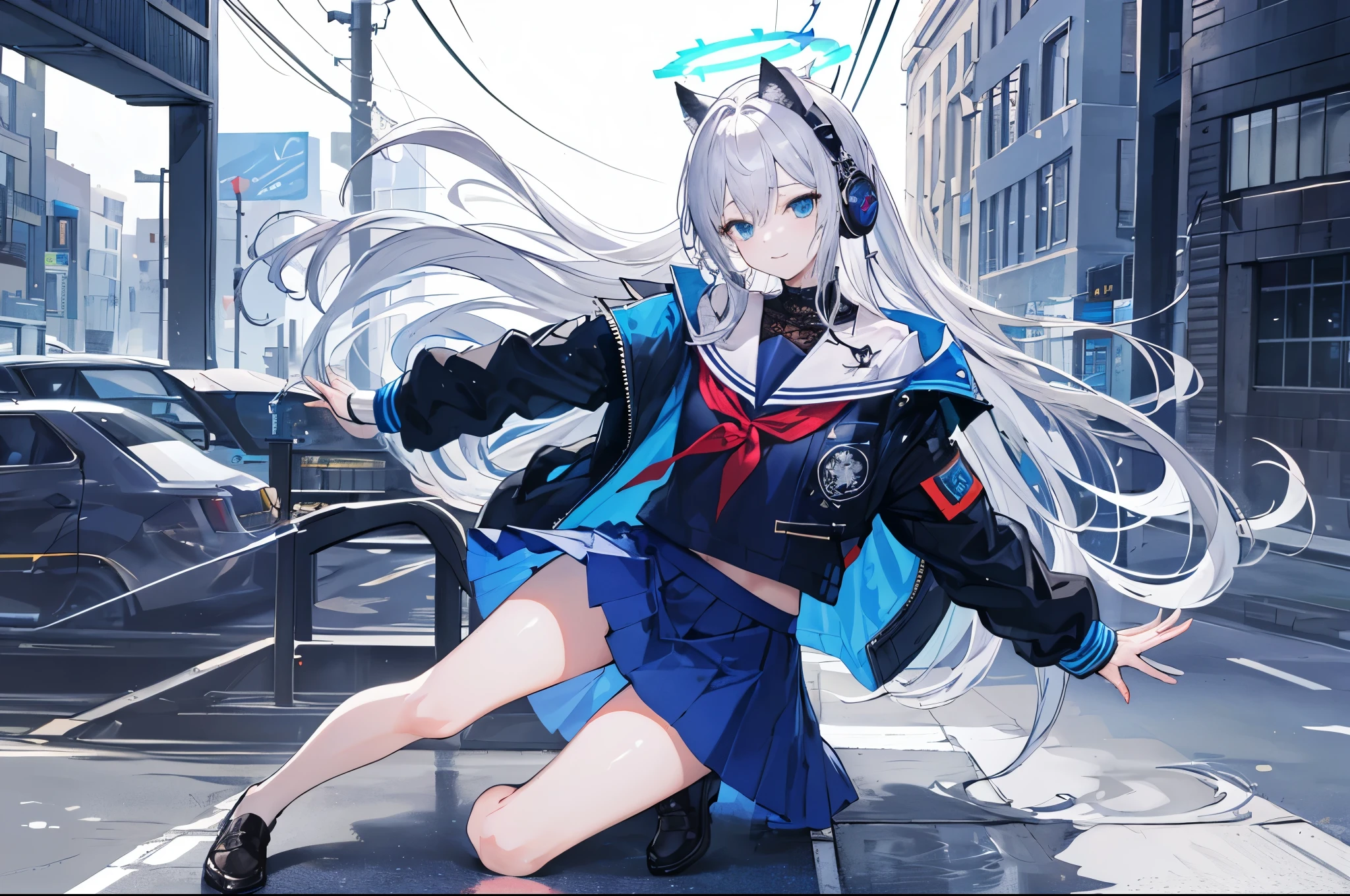 ((Best quality at best)), ((tmasterpiece)), (detailed), s the perfect face,The is very detailed,tmasterpiece,Best quality at best,offcial art,extremely detaild的 CG unified 8k wallpapers,Eyes lively and delicate, (Full body like), solo person, schoolgirls, Trendy style, Long silver-gray hair, Long hair shoulder length, Futuristic blue halo on head, Face the lens, (M open legs:1.1), futuristic clothing, Mechanical, ((Dark blue skirt with bright blue lace)), ((Black jacket with blue stripes)), JK skirt, With cat ear headphones on the head, ssmile, The background is the city street, ((watered eyeright eyes