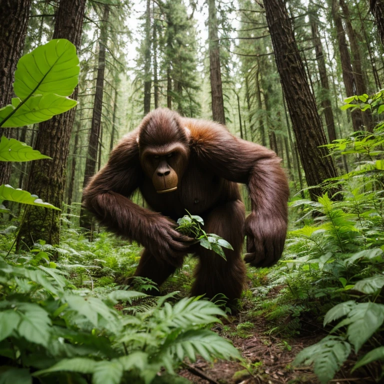 Bigfoot eating plants in the forest