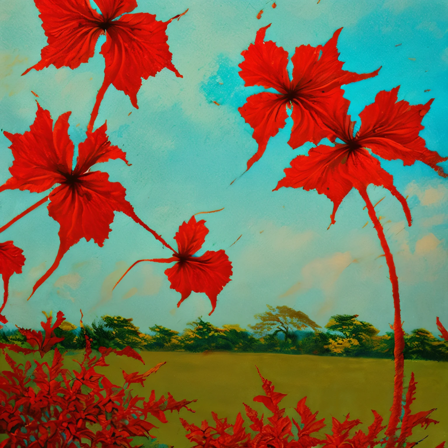 vintage art of (a field of dry leaves,distant empty trees,predominantly red and lime green,sky blue and red atmosphere,bright day,vintage colors,crisp details,Hibiscus leaves and deciduous plants leaves,serene and tranquil,painterly feel,subtle brushstrokes,harmonious composition) sky blue focus, Renaissance art, Chinese art