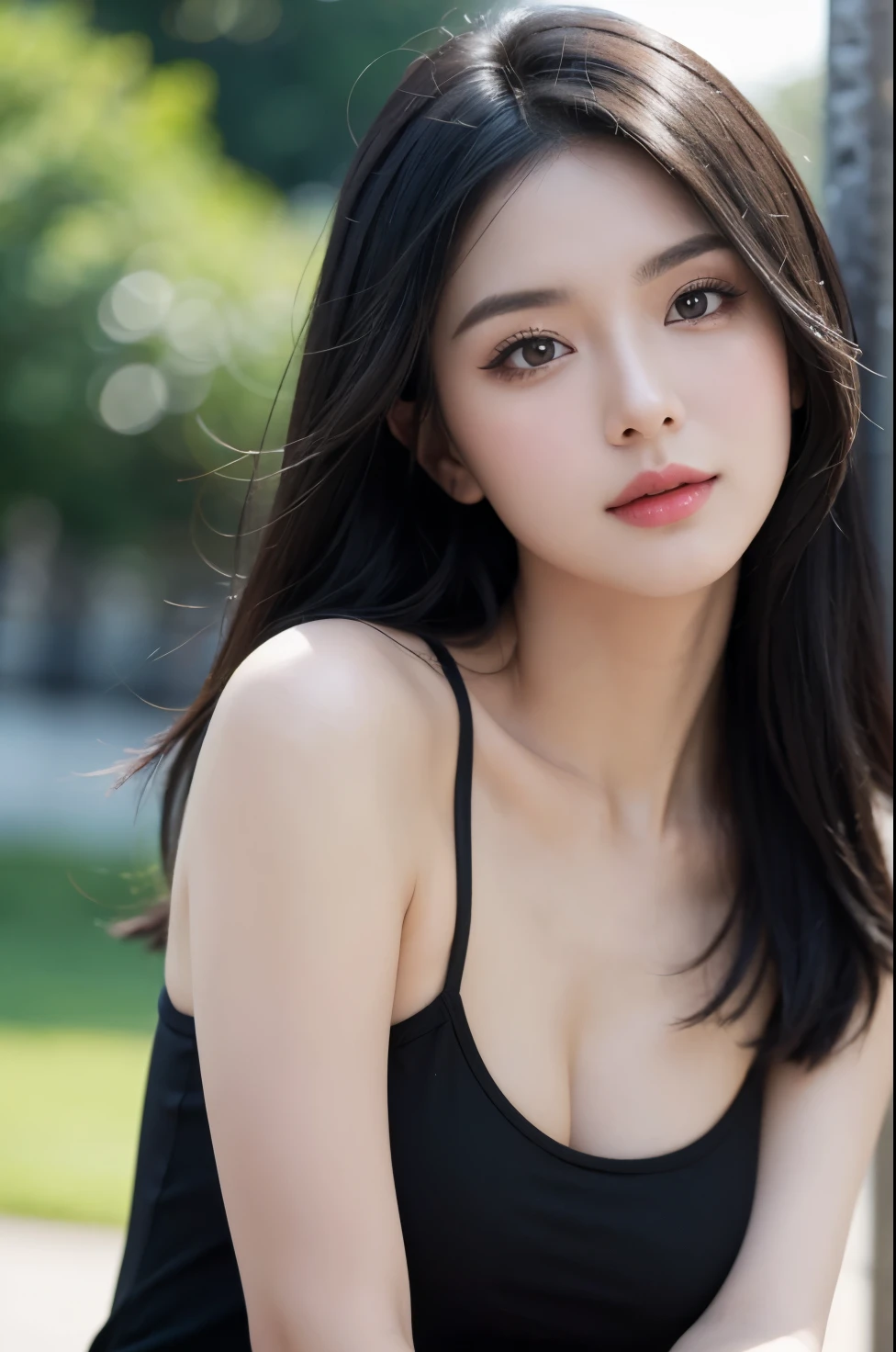 Black hair, make-up, Masterpiece, seductive casual attire, Hip-up angle, dynamic pose, close-up, natural lighting, confident expression, bokeh background, high resolution