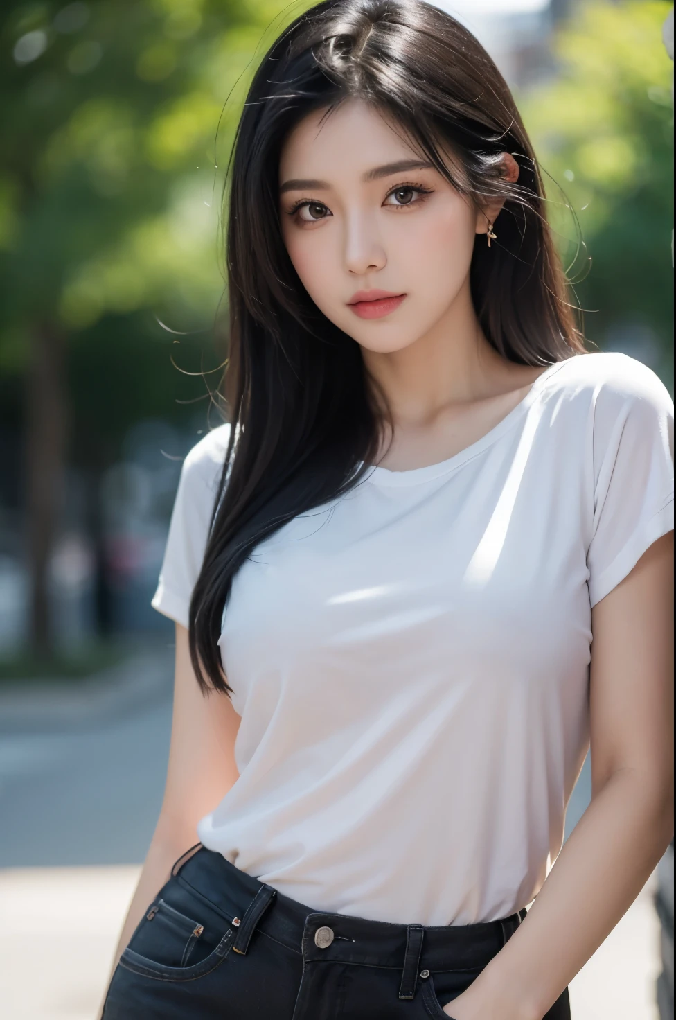 Black hair, make-up, Masterpiece, seductive casual attire, Hip-up angle, dynamic pose, close-up, natural lighting, confident expression, bokeh background, high resolution