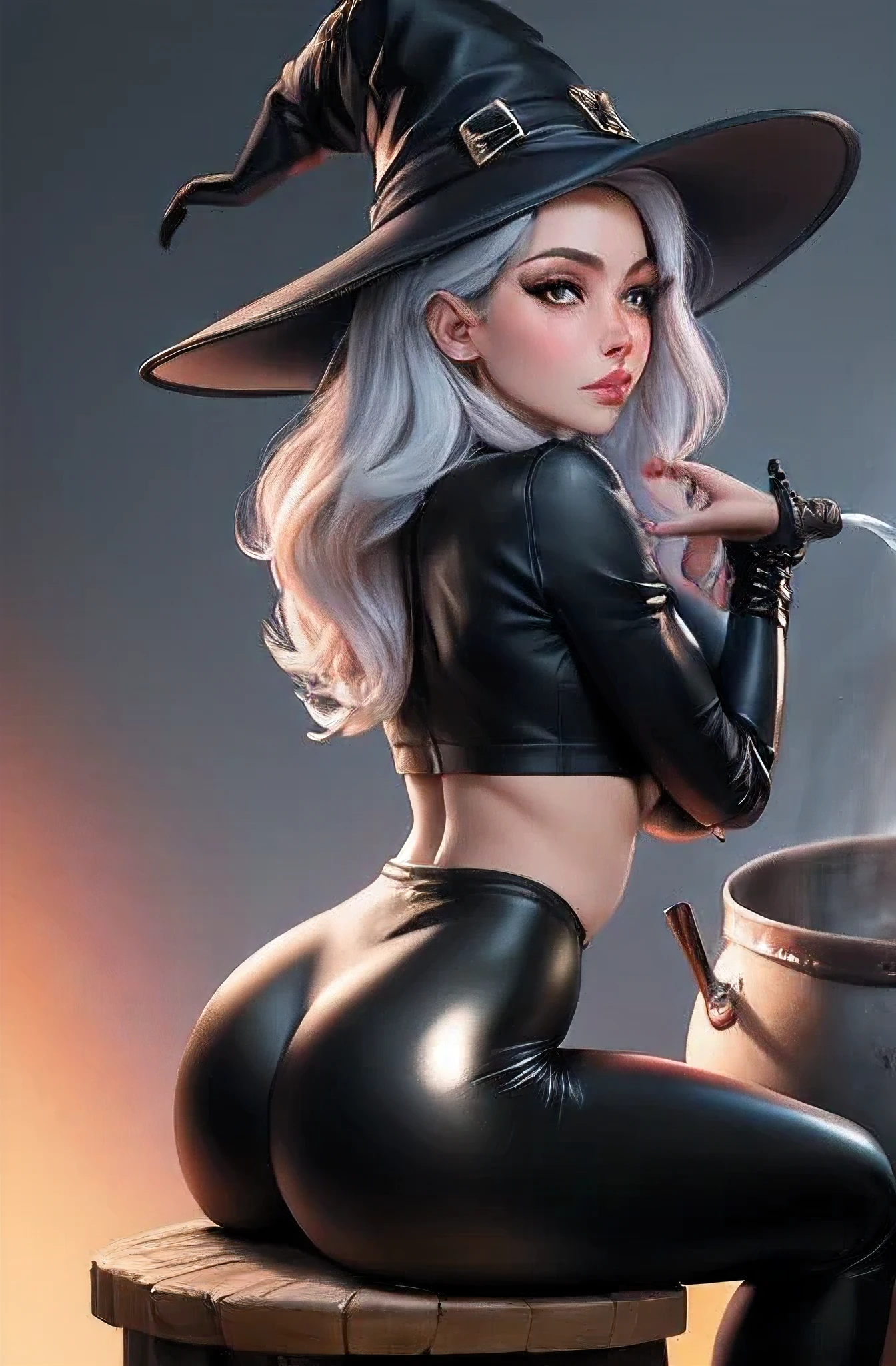 obra-prima, (Realistisch), alta resolução, Hochdetailliert, complicado, hot sexy witch sitting next to a cauldron, Cabelos ruivos, olhos azuis, Sardas, Rosto detalhado, Latex Leggings, from behind, Olhando para o Viewer, mostrando bunda, sorrir