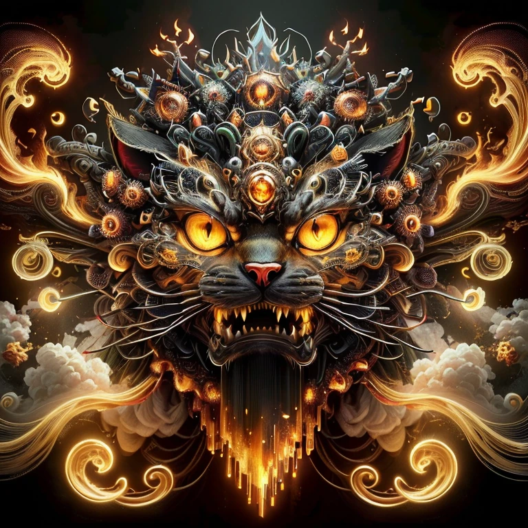 a close up of a cat with a fire in its mouth, intricate ornate anime cgi style, 4k highly detailed digital art, highly detailed digital artwork, highly detailed digital art, ornate with fiery explosions, hyper detailed digital art, intricate digital painting, very detailed digital art, high detailed digital art, dark but detailed digital art, 4k detailed digital art, elaborate digital art