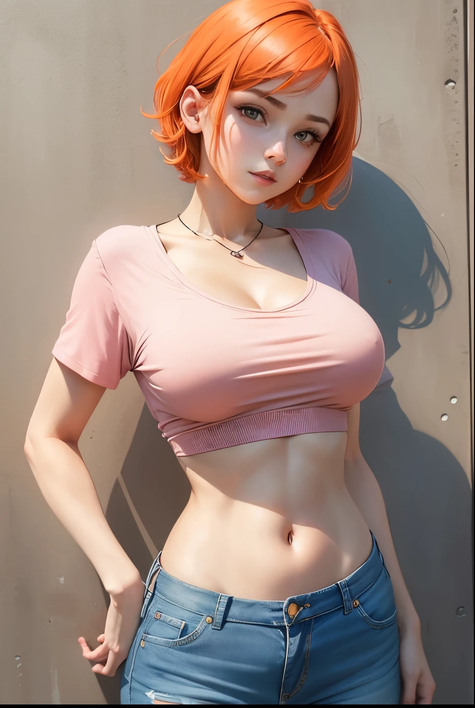 cute girl, Short orange hair, big breasts, short pink shirt with short sleeves revealing her stomach, short jeans,Women's high waist jeans,