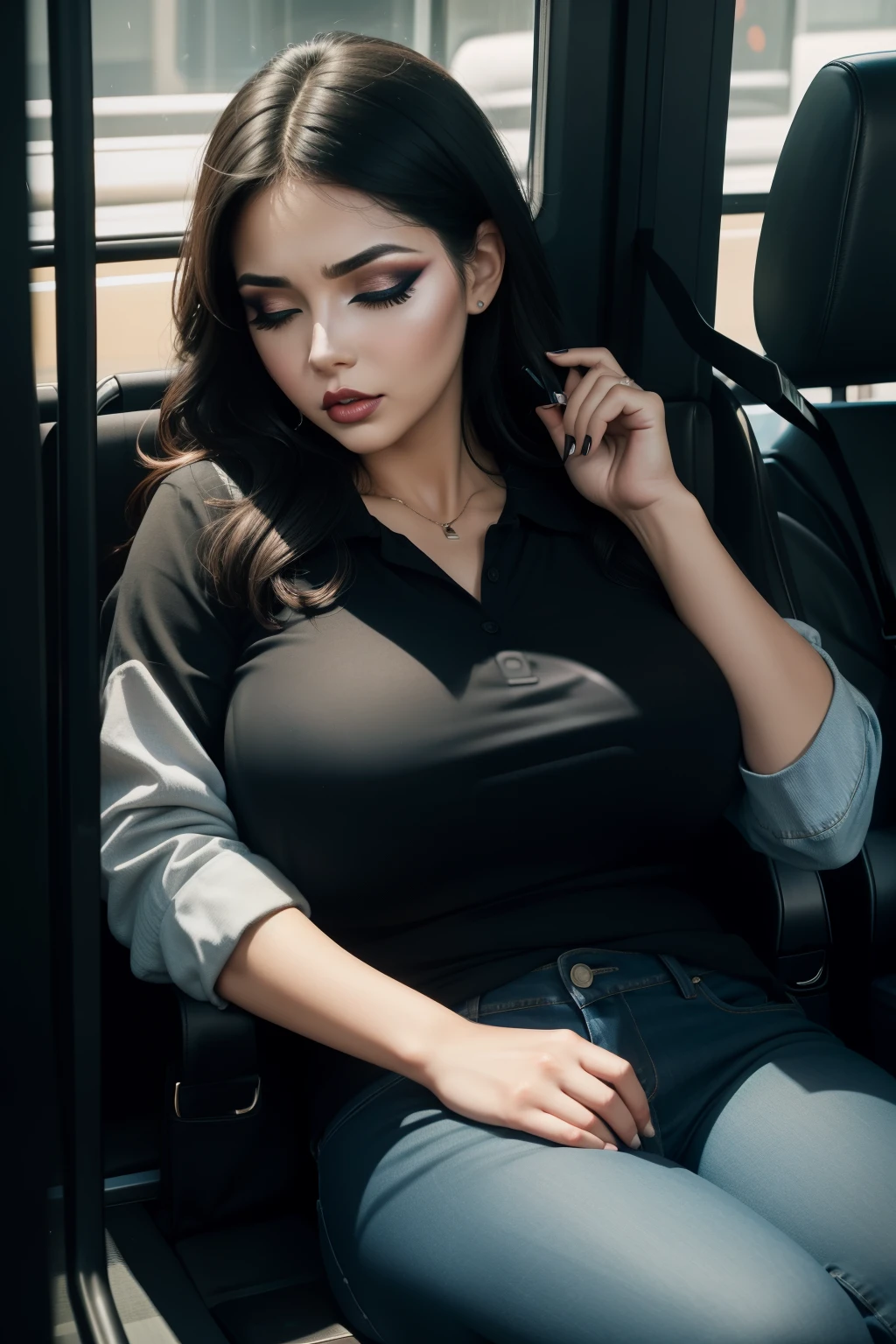 1 beautiful woman, 50-year-old lady, sleeping with her mouth open, eyes closed, painted eyelids, ((eyelids outlined with makeup)), black hair, sleeping sitting on the bus, jeans, black polo, big breasts, outlined eyes, drooling, snoring, passed out, black bag, head resting on the bus window, sitting in the back seat of the bus, mouth wide open, frowning, ((Very Intense Makeup)), voluptuous woman.