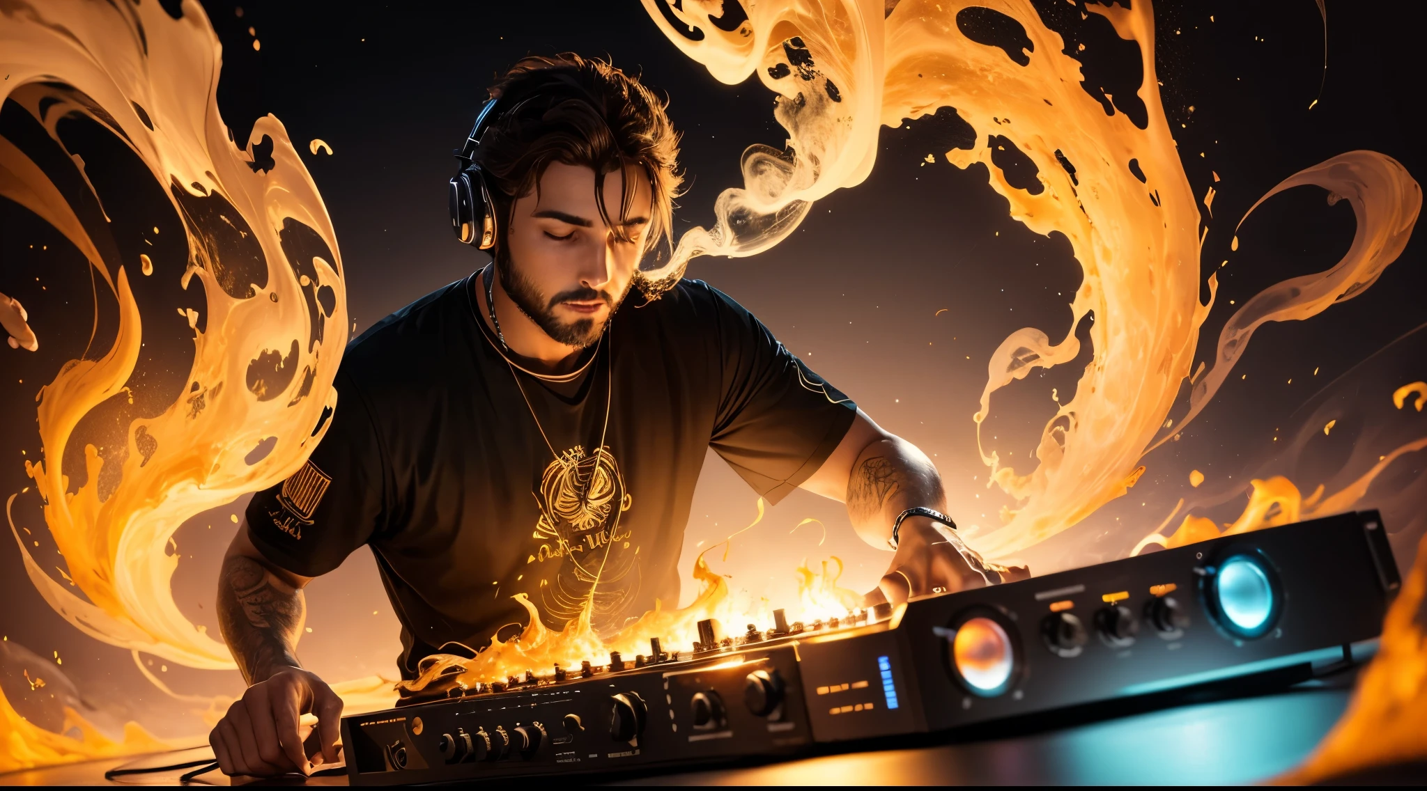 dj com fone de ouvido e mixando ,liquid flows. Combination. fire and smoke and shine. ouro e prata cintilantes