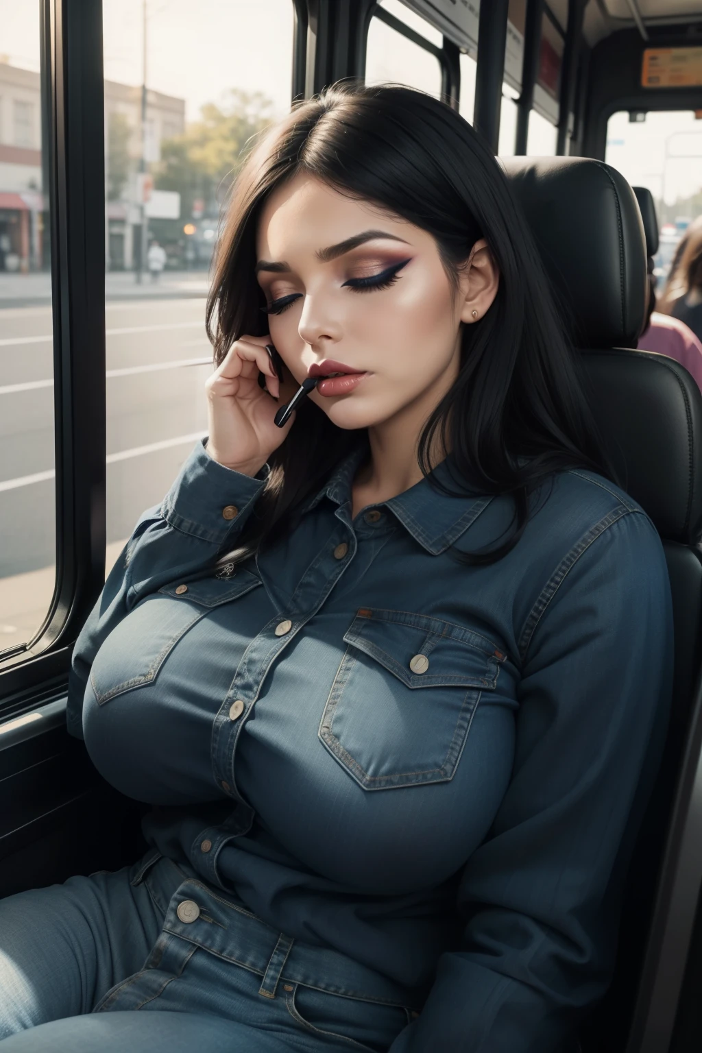 1 beautiful woman, 50-year-old lady, sleeping with her mouth open, eyes closed, painted eyelids, ((eyelids outlined with makeup)), black hair, sleeping sitting on the bus, jeans, black polo, big breasts, outlined eyes, drooling, snoring, passed out, black bag, head resting on the bus window, sitting in the back seat of the bus, mouth wide open, frowning, ((Very Intense Makeup)), voluptuous woman.