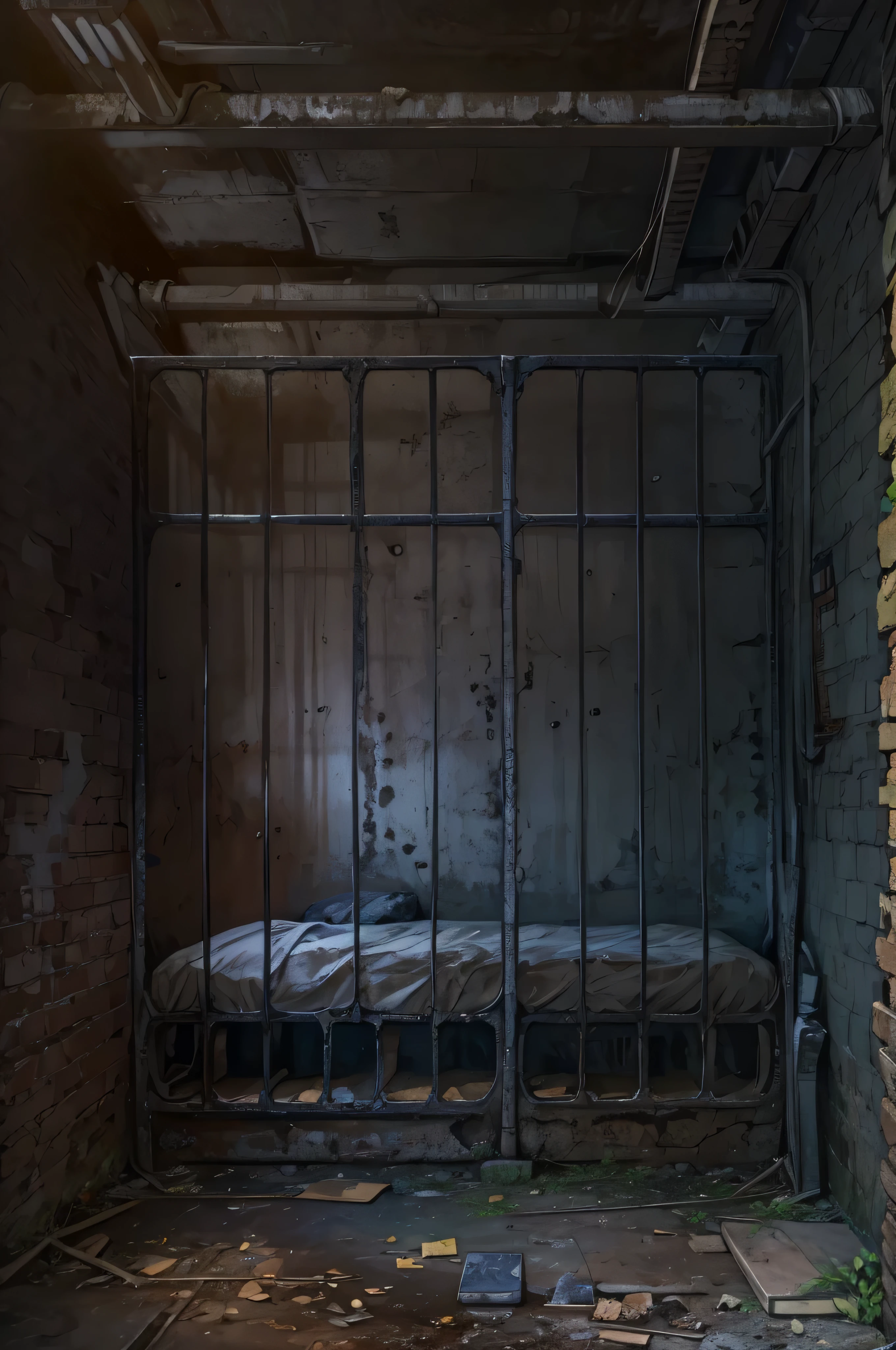 dark secret room，steel bed in the middle，The head of the bed is against the wall，dilapidated warehouse