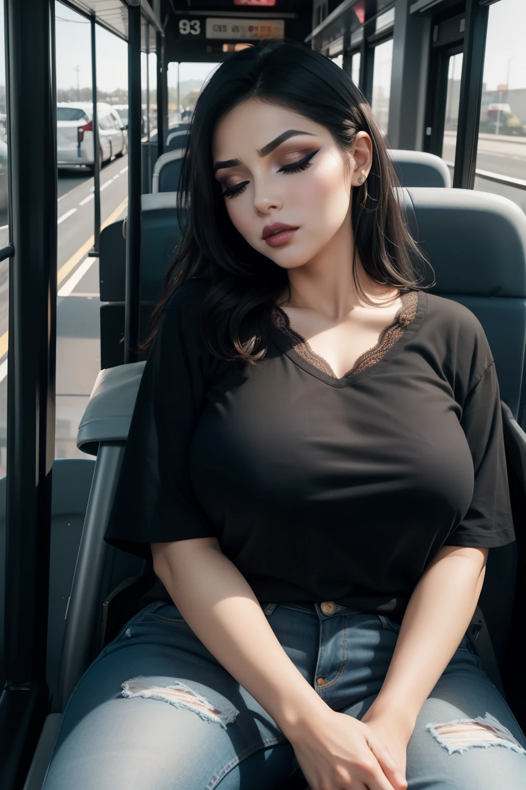 1 beautiful woman, 50 year old lady, sleeping with her mouth open, eyes closed, painted eyelids, ((eyelids outlined with makeup)), black hair, sleeping sitting on the bus, jeans, black t-shirt, t-shirt with lace, big breasts , lined eyes, drooling, snoring, passed out, black bag, head leaning on the bus window, sitting in the back seat of the bus, mouth wide open, frowning, ((Very Intense Makeup)), voluptuous woman.