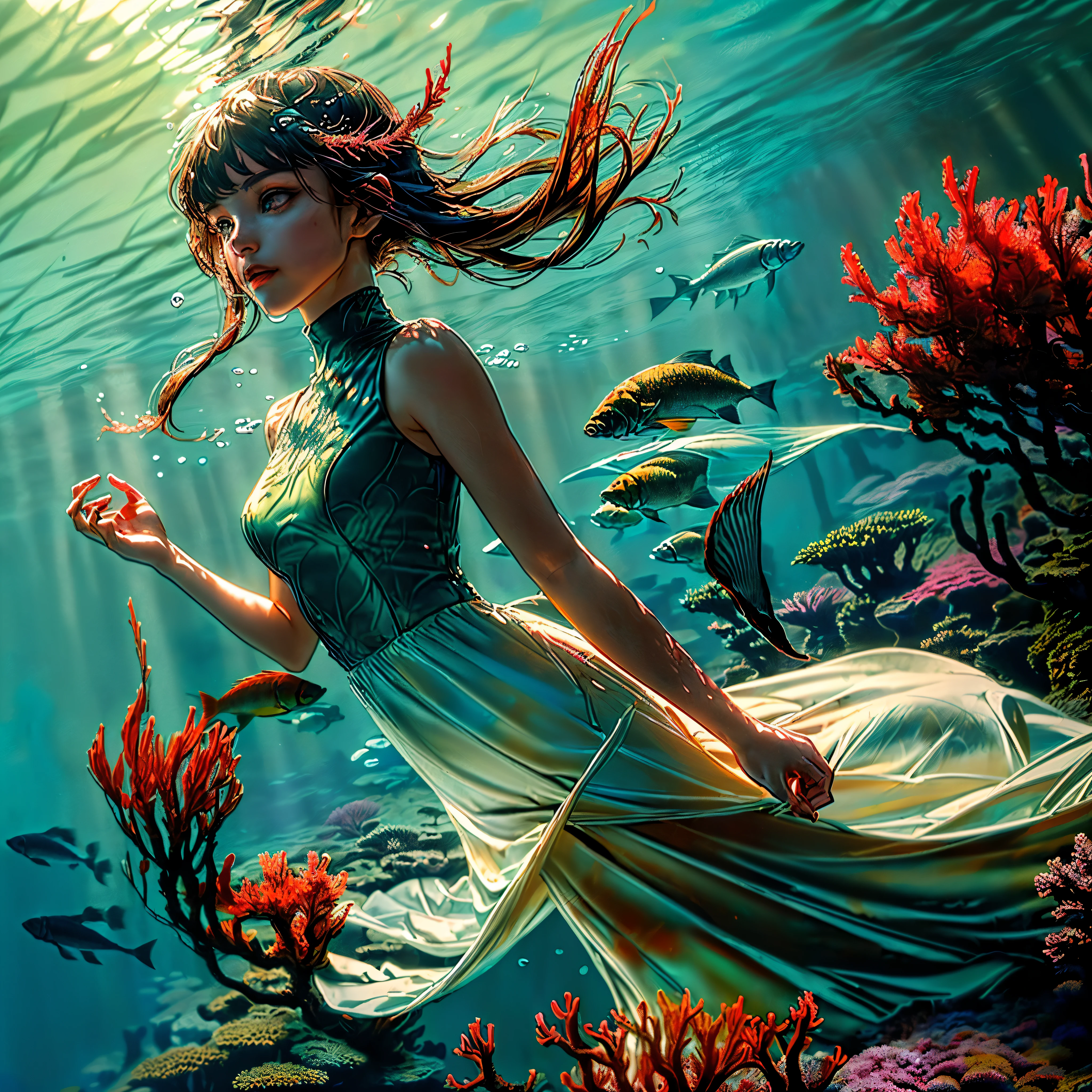 (((masterpiece))),(((best quality))),((ultra-detailed)),((underwater)),(illustration),(beautiful detailed water),((coral)),open tuck,((extremely delicate and beautiful girls)),dynamic angle,floating,(beautiful detailed eyes),(detailed light),(li),floating hair,glowing eyes,(splash),underwater),((fishelack hair,green right eye,iceblue left eye,very long white dress,feather,nature,(sunlight),(underwater forest),(painting),(bloom),(detailed glow),(drenched),seaweed,fish,(((Tyndall effect))),face to face --s 1000 --c 20 --q 20