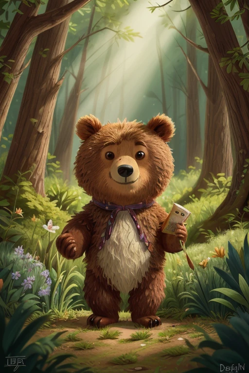 um urso pequeno , garoto, Deciduous Forest, Perdido, pixar style, on a blank background, all brown bear, change the lighting,
