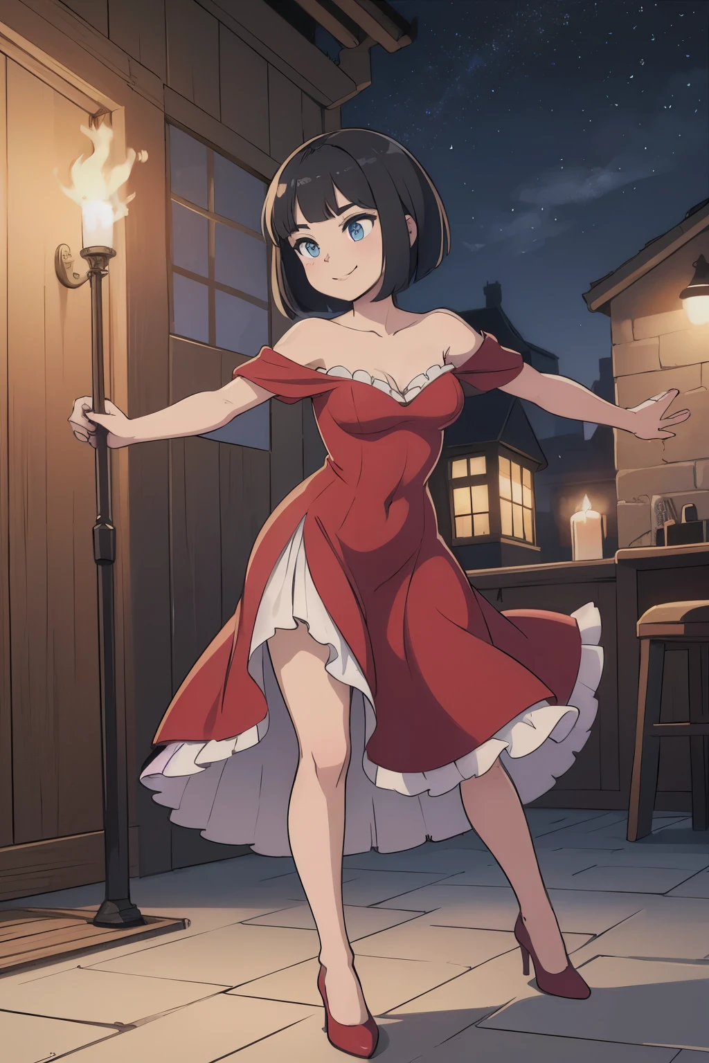 ((best quality)), ((masterpiece)), (detailed), perfect face, 1 girl, solo, ager, black hair, bob cut, bob hair, blue eyes, smile, in a flamenco dress, off the shoulder dress, red dress, a longer body, teen, bare shoulders, and being so beautiful, close up, dancing in the village, at night time at a town, with candles burning on the floor, in 2D illustration, 2D art style, A flamenco pose, hands in the air, armpits