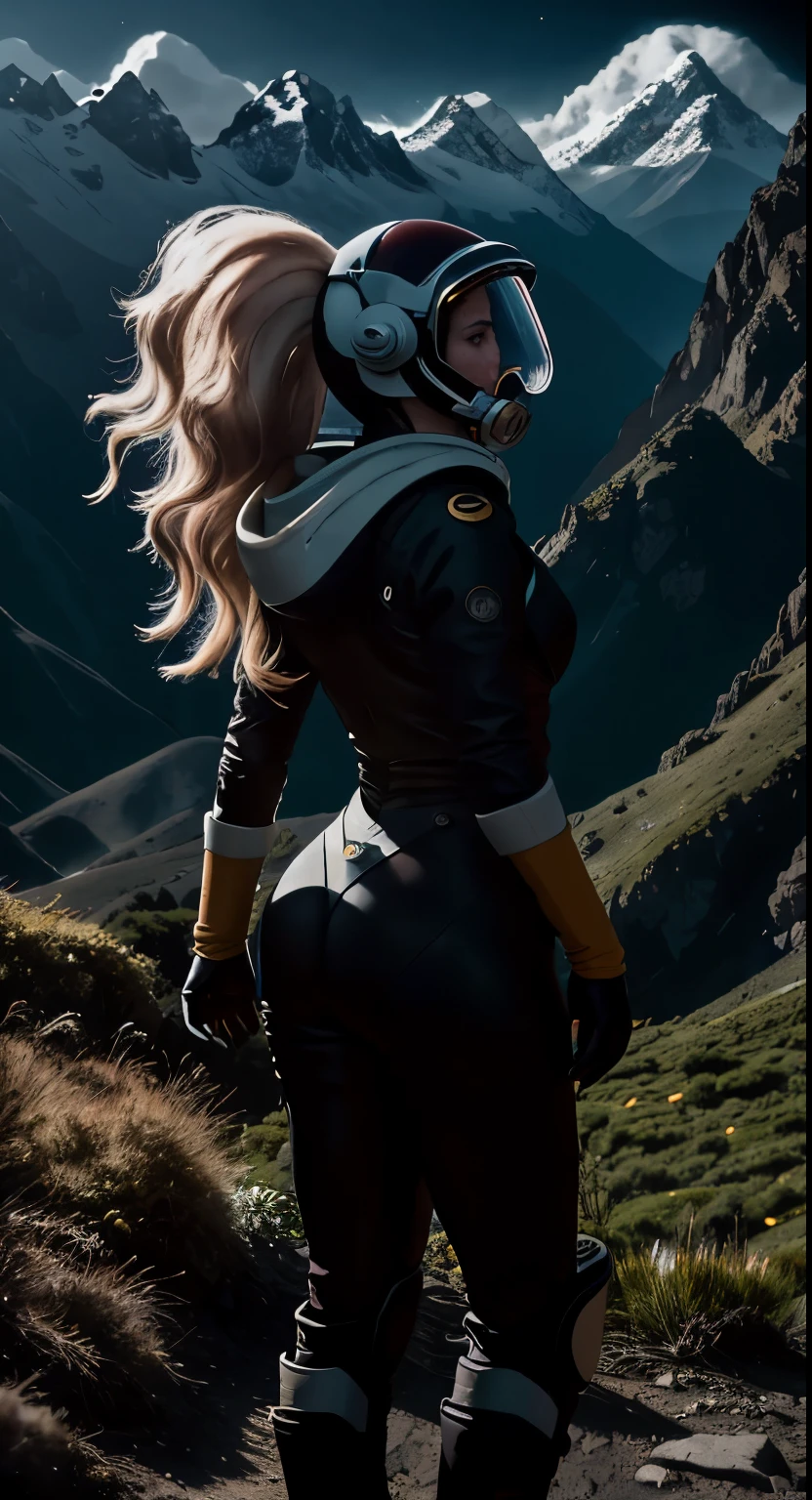 Foto en color RAW altamente detallada, Rear angle, cuerpo completo, de (Mujer Marina Espacial, con traje espacial blanco y rojo, Casco futurista, tined face shield, rebreather, accentuated booty), al aire libre, (Inclinado sobre el borde rocoso, Looking out at the advanced alien structure), (on complex exotic alien planet:0.6), cuerpo tonificado, trasero grande, (Science-Fiction), (Mountains:1.1), (lush green vegetation), (Dos lunas en el cielo:0.8), (Altamente detallado, hiperdetallado, llamarada intricaens:0.7), (florecer:0.7), particle effects, Trazado de rayos, cinematic lighting, shallow depth de field, fotografiado en una Sony a9 II, Lente gran angular de 24 mm, foco nítido, cinematic film still from Gravity 2013, seen from the back