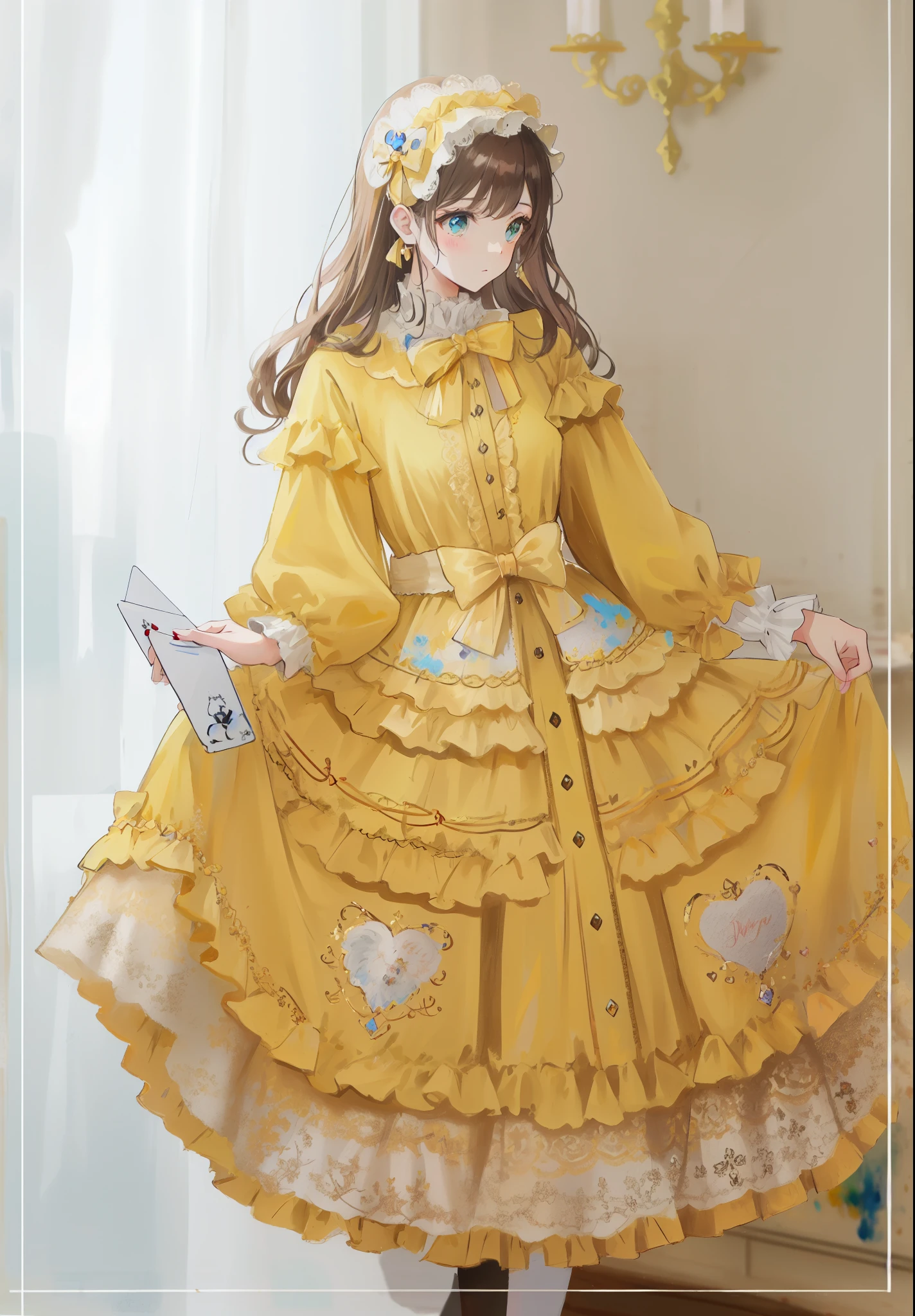 (painting:1.3), (blurry:1.3), (blurry drawing:1.3), a close up of a girl in a yellow dress holding a card, lolita style, lolita fashion, lolita, rococo ruffles dress, rococo dress, victorian gothic lolita fashion, fairycore, portrait of magical lolita girl, angelic pretty, yellow clothes, wearing wheat yellow gauze, loli, yellow ornate dress, dress in the style of rococo, dreamy style