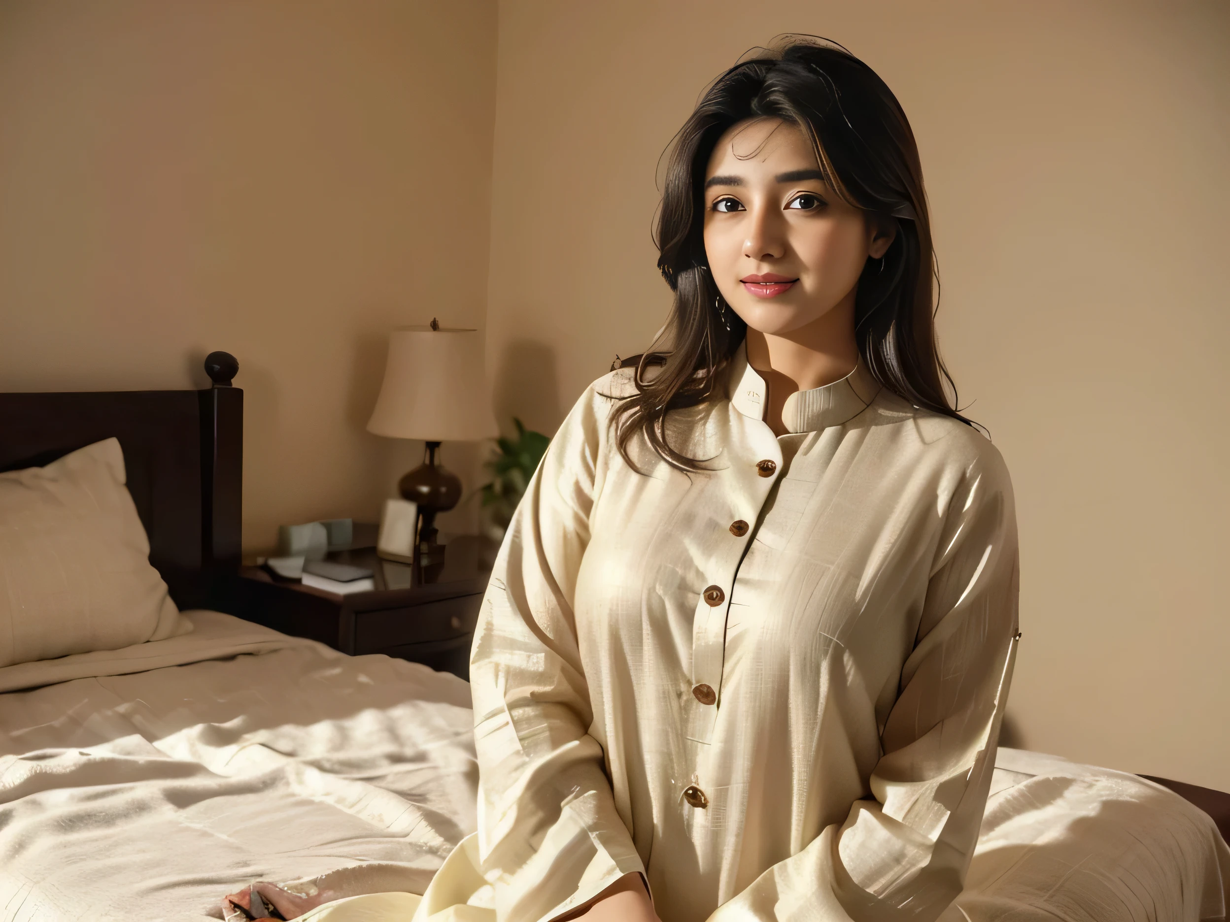 (((desi Indian girl))), chubby face, natural skin, charming black hair, ((hair ends are blonde)), Bedroom background bokeh, (((ultrarealistic, highly detailed, 8k))), Daylight good morning, wearing cotton salwar suit some buttons are opened, standing seductively, perfect 36-26-36 figure, charming smile