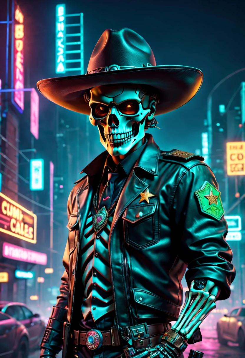 cyber punk personage,Sheriff,skeleton head,metalictexture,cowboy hat,Cockade,Neon brim,cigars,A futuristic,vibrant with colors,EDM sharp,Dystopian cityscape,Network enhancement,glowing light eyes,jaqueta de couro,high-tech weapon,wires and cables,Retro-Future,nighttime scene,Mixed reality。(Best quality at best,4K,8K,A high resolution,tmasterpiece:1.2),ultra - detailed,(actual,photoactual,photo-actual:1.37),