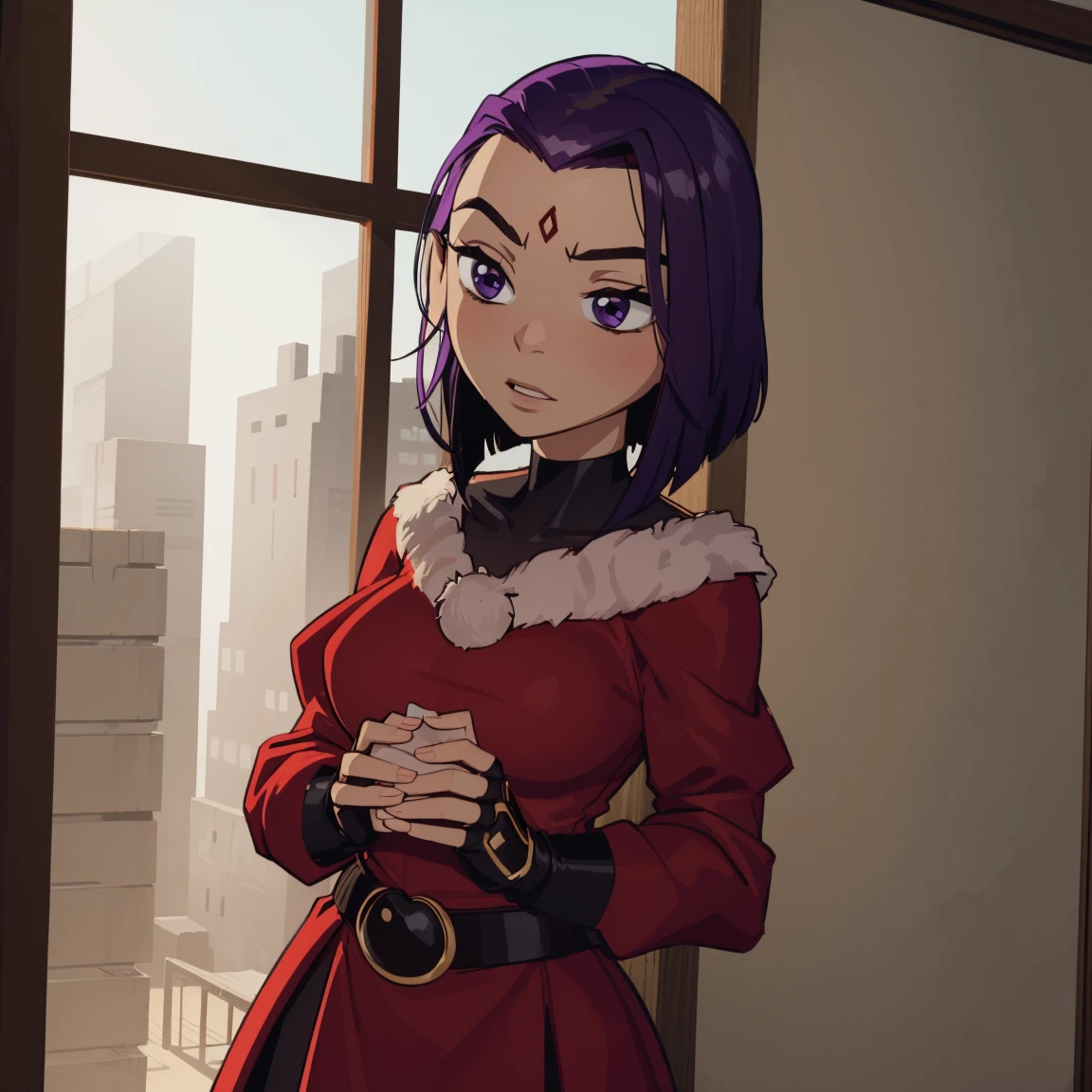 Raven, red jewel on forehead, purple eyes, cute eyes, christmas outfit, christmas, red outfit, santa outfit