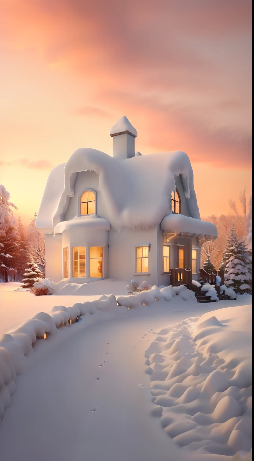 SnowRoom,There is a path and fence leading to it, beatiful house, Snowy winter, Gensoya, fantasia de cena de inverno, beautiful artist rendering, Snowy winter scene, winter setting, beautiful 3d render, gorgeous 3d render, Snow in winter, beautiful scence, beautiful rendered, blanketed in a mantle of snow, Beautiful and detailed scenes, Lodge, beautiful snowy landscape, Comfortable wallpaper