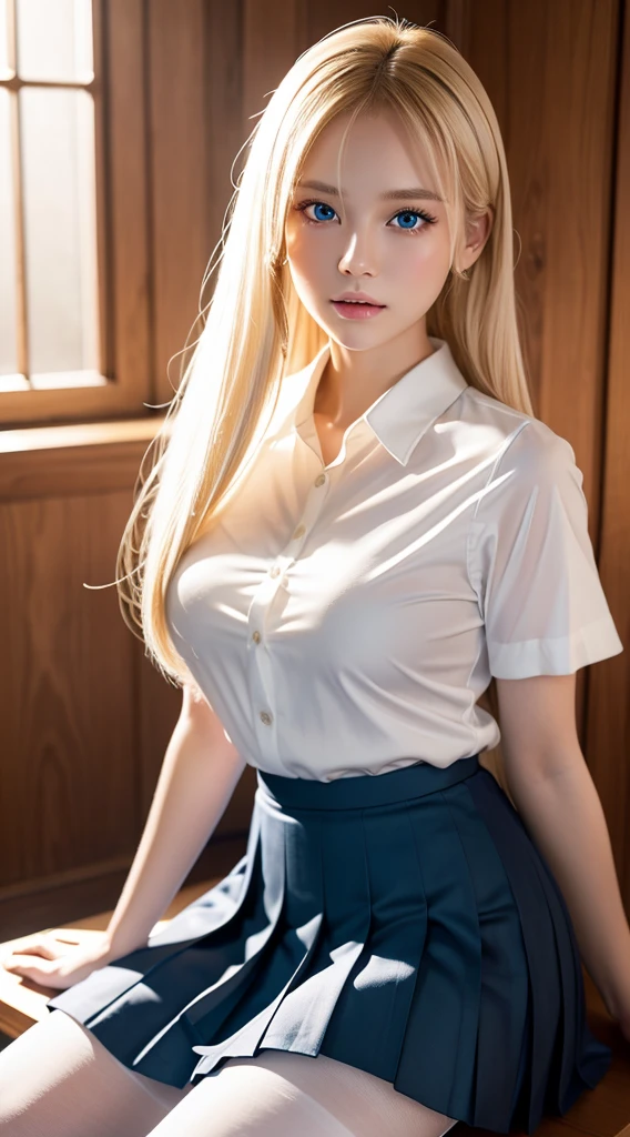 25-year-old Caucasian woman、platinum blonde、blue eyes、semi-long、my hair is wavy、Hair is tied up、I can see the belly button、My abs are cracked、smile、Slender but well-proportioned muscular body、I don't want my head to disappear from the screen.、wearing a blouse、wearing a tight skirt、He is sitting on a one-person sofa with his hands on the armrest and his legs crossed.