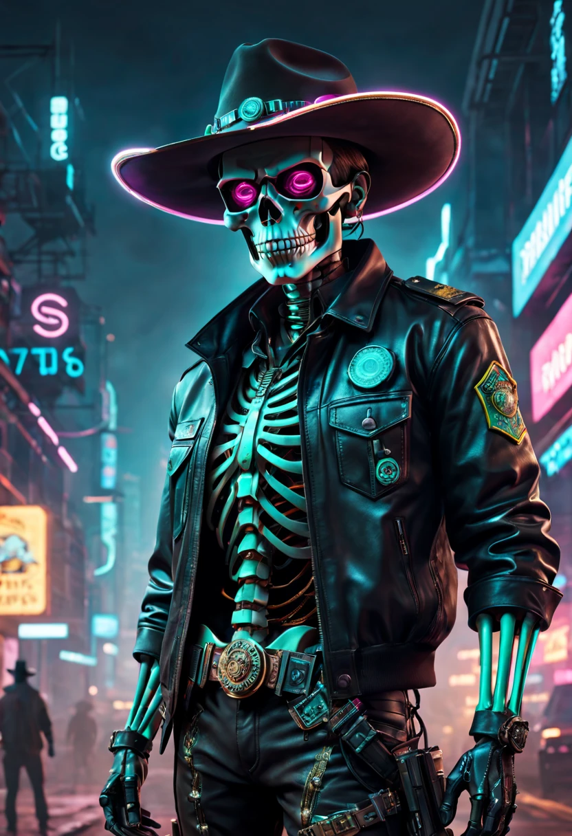 cyber punk personage,Sheriff,skeleton head,metalictexture,cowboy hat,Cockade,Neon brim,cigars,A futuristic,vibrant with colors,EDM sharp,Dystopian cityscape,Network enhancement,glowing light eyes,jaqueta de couro,high-tech weapon,wires and cables,Retro-Future,nighttime scene,Mixed reality。(Best quality at best,4K,8K,A high resolution,tmasterpiece:1.2),ultra - detailed,(actual,photoactual,photo-actual:1.37),
