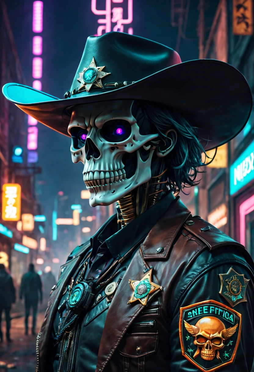 cyber punk personage，Sheriff，skeleton head，metalictexture，cowboy hat，Cockade，Neon brim，cigars，A futuristic，vibrant with colors，EDM sharp，Dystopian cityscape，Network enhancement，glowing light eyes，jaqueta de couro，high-tech weapon，wires and cables，Retro-Future，nighttime scene，Mixed reality。(Best quality at best,4K,8K,A high resolution,tmasterpiece:1.2),ultra - detailed,(actual,photoactual,photo-actual:1.37),