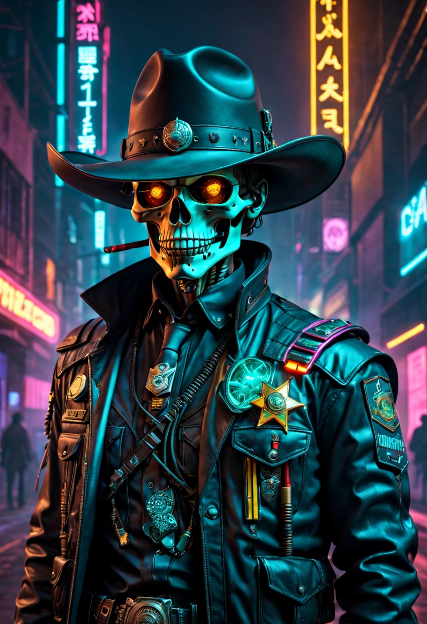 cyber punk personage,Sheriff,skeleton head,metalictexture,cowboy hat,Cockade,Neon brim,cigars,A futuristic,vibrant with colors,EDM sharp,Dystopian cityscape,Network enhancement,glowing light eyes,jaqueta de couro,high-tech weapon,wires and cables,Retro-Future,nighttime scene,Mixed reality。(Best quality at best,4K,8K,A high resolution,tmasterpiece:1.2),ultra - detailed,(actual,photoactual,photo-actual:1.37),