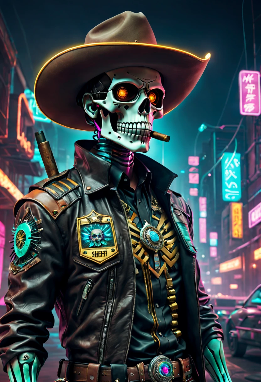cyber punk personage,Sheriff,skeleton head,metalictexture,cowboy hat,Cockade,Neon brim,cigars,A futuristic,vibrant with colors,EDM sharp,Dystopian cityscape,Network enhancement,glowing light eyes,jaqueta de couro,high-tech weapon,wires and cables,Retro-Future,nighttime scene,Mixed reality。(Best quality at best,4K,8K,A high resolution,tmasterpiece:1.2),ultra - detailed,(actual,photoactual,photo-actual:1.37),