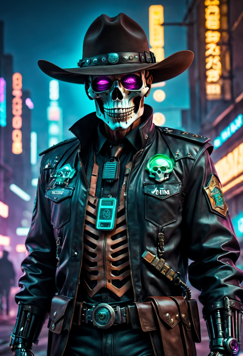 cyber punk personage，Sheriff，skeleton head，metalictexture，cowboy hat，Cockade，Neon brim，cigars，A futuristic，vibrant with colors，EDM sharp，Dystopian cityscape，Network enhancement，glowing light eyes，jaqueta de couro，high-tech weapon，wires and cables，Retro-Future，nighttime scene，Mixed reality。(Best quality at best,4K,8K,A high resolution,tmasterpiece:1.2),ultra - detailed,(actual,photoactual,photo-actual:1.37),