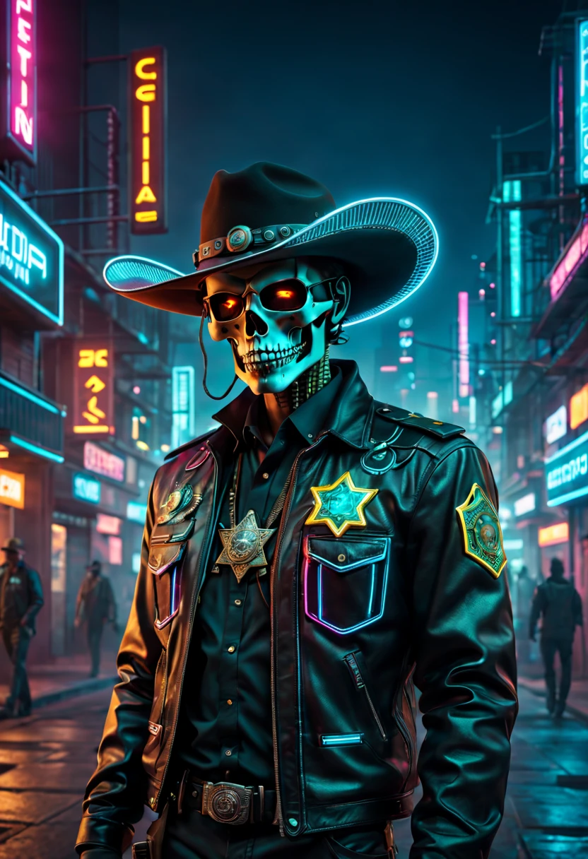cyber punk personage，Sheriff，skeleton head，metalictexture，cowboy hat，Cockade，Neon brim，cigars，A futuristic，vibrant with colors，EDM sharp，Dystopian cityscape，Network enhancement，glowing light eyes，jaqueta de couro，high-tech weapon，wires and cables，Retro-Future，nighttime scene，Mixed reality。(Best quality at best,4K,8K,A high resolution,tmasterpiece:1.2),ultra - detailed,(actual,photoactual,photo-actual:1.37),